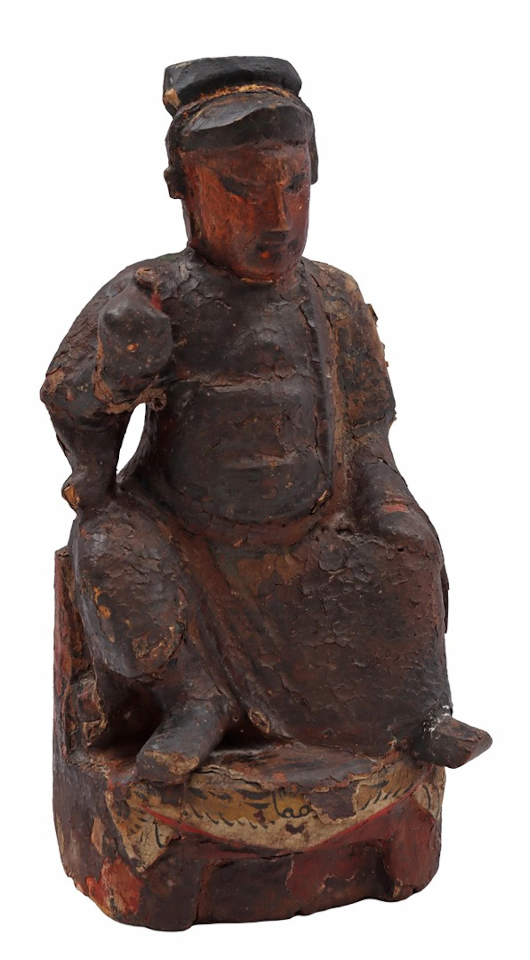 Houten huisaltaar of tempelbeeld met polychrome resten