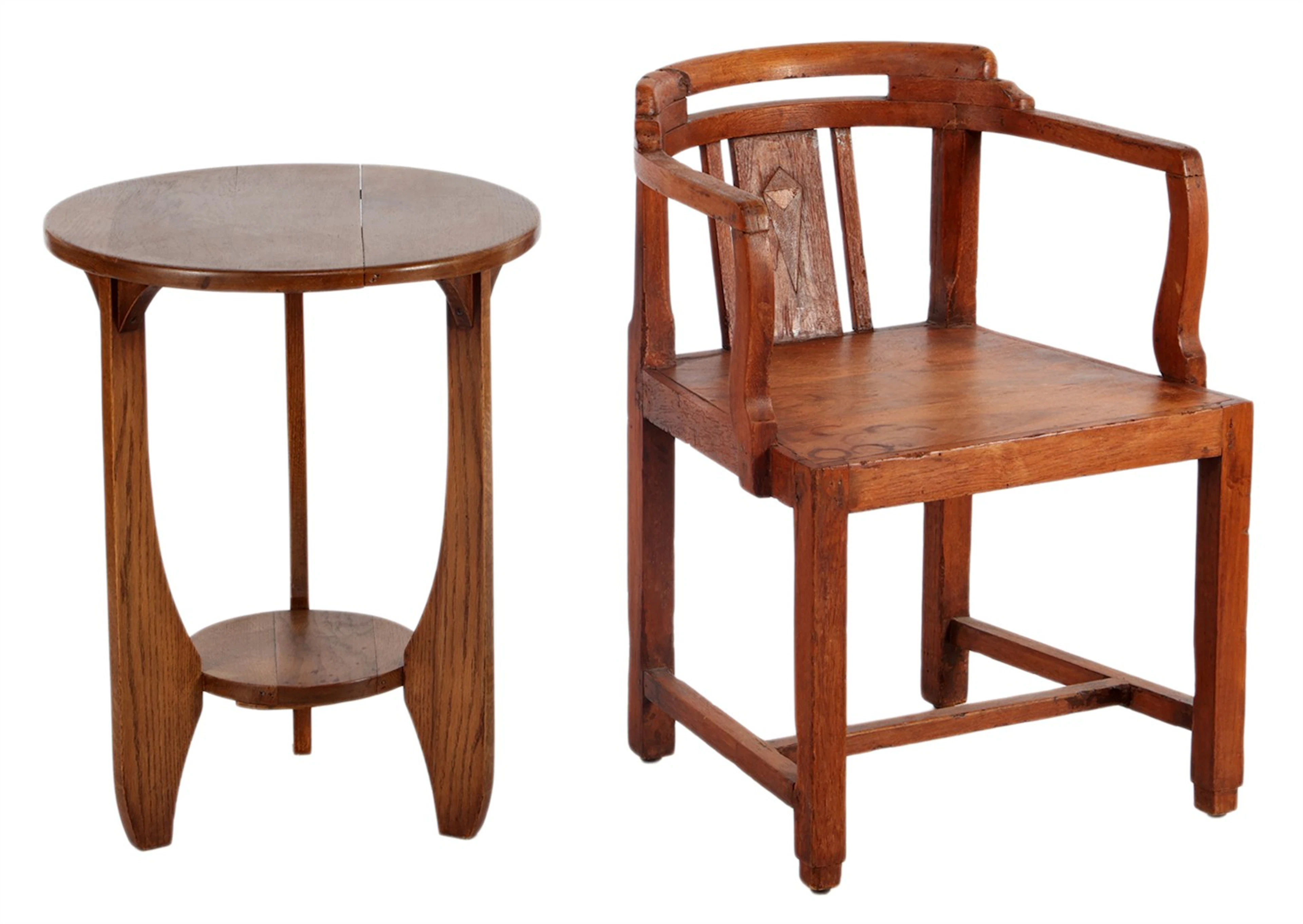 Art Deco eiken salontafel en teakhouten armstoel