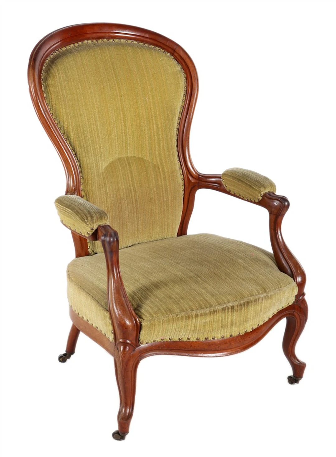 Mahoniehouten armstoel met gestreepte stoffering