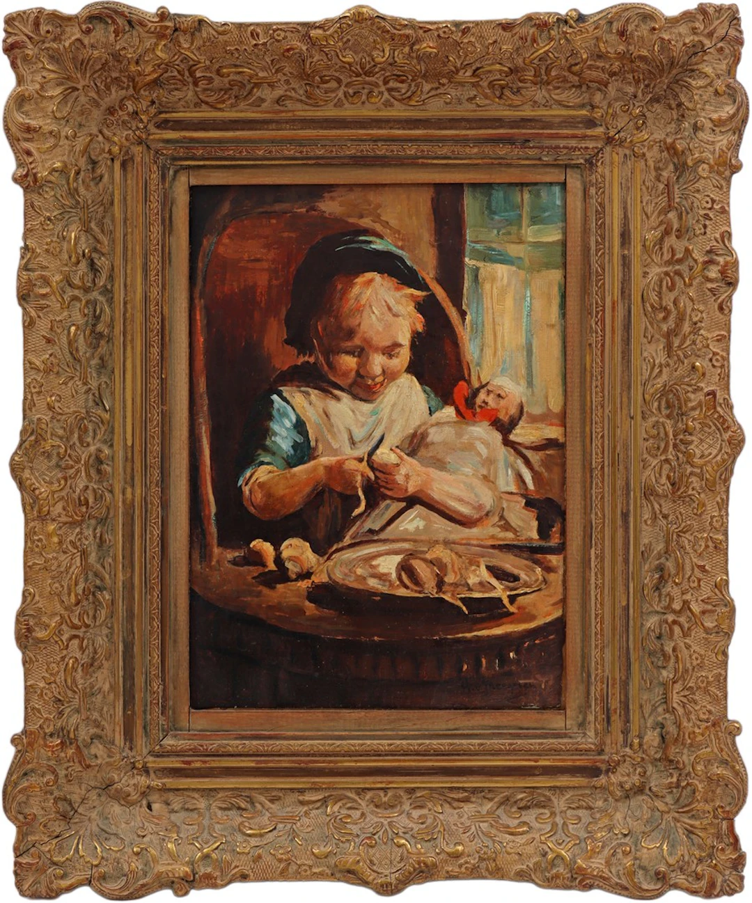 Meisje in kinderstoel die uien aan het schillen is