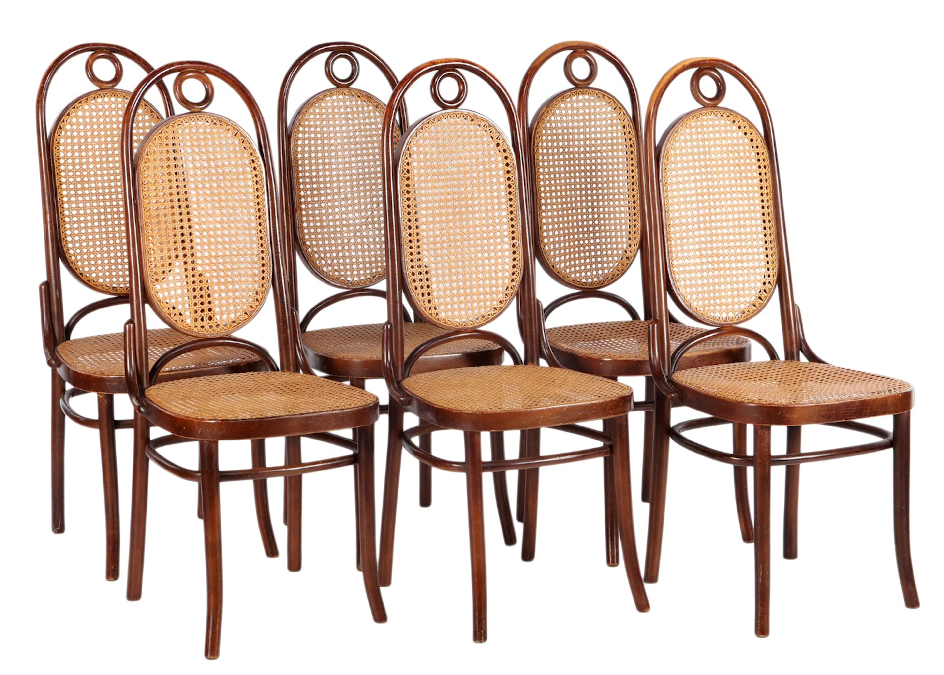 6 gebogen notenhouten eetkamerstoelen met webbing rug en zitting