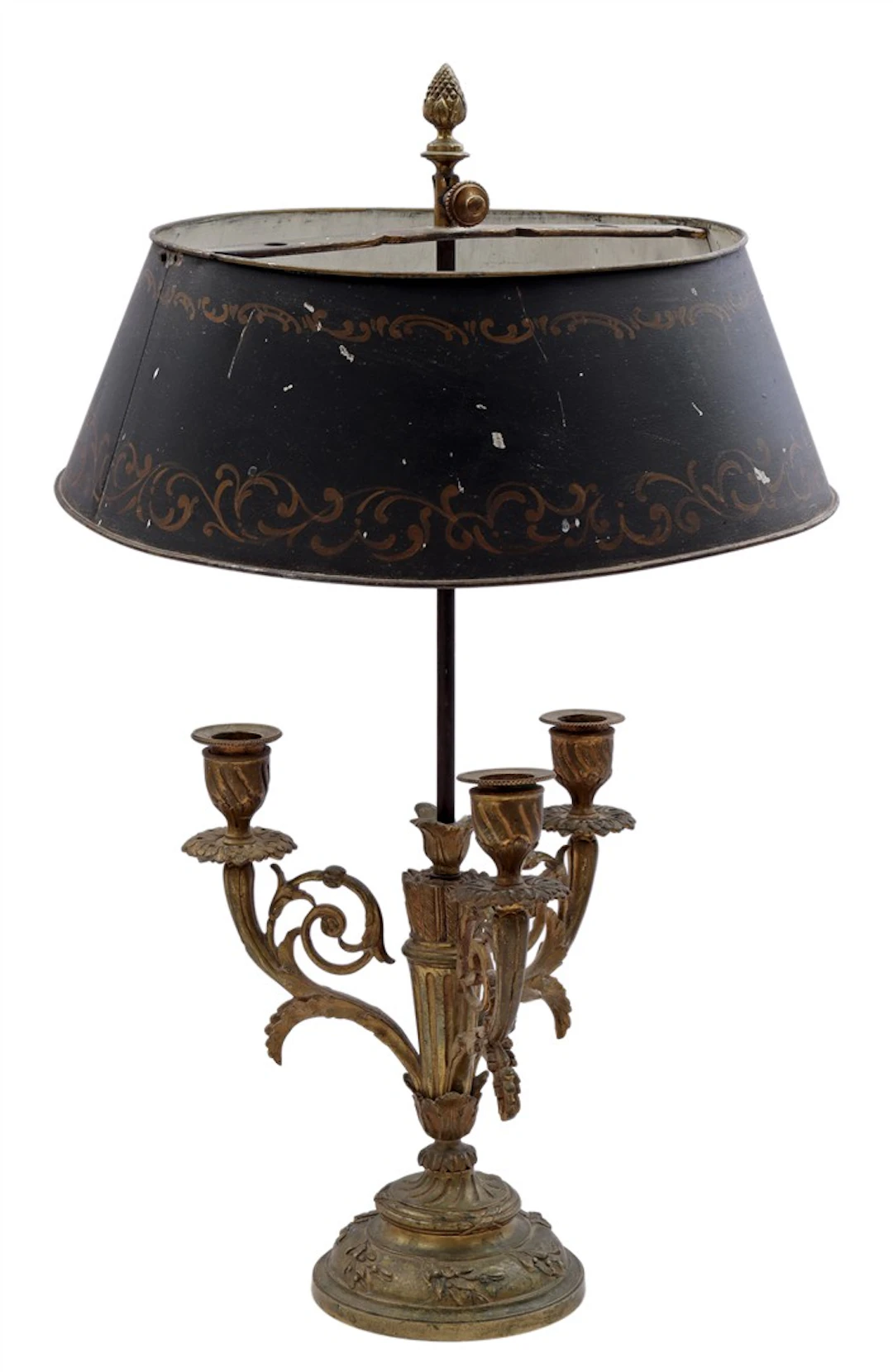 Bronzen bouillotte 3-lichts tafelschemerlamp met metalen beschilderde kap