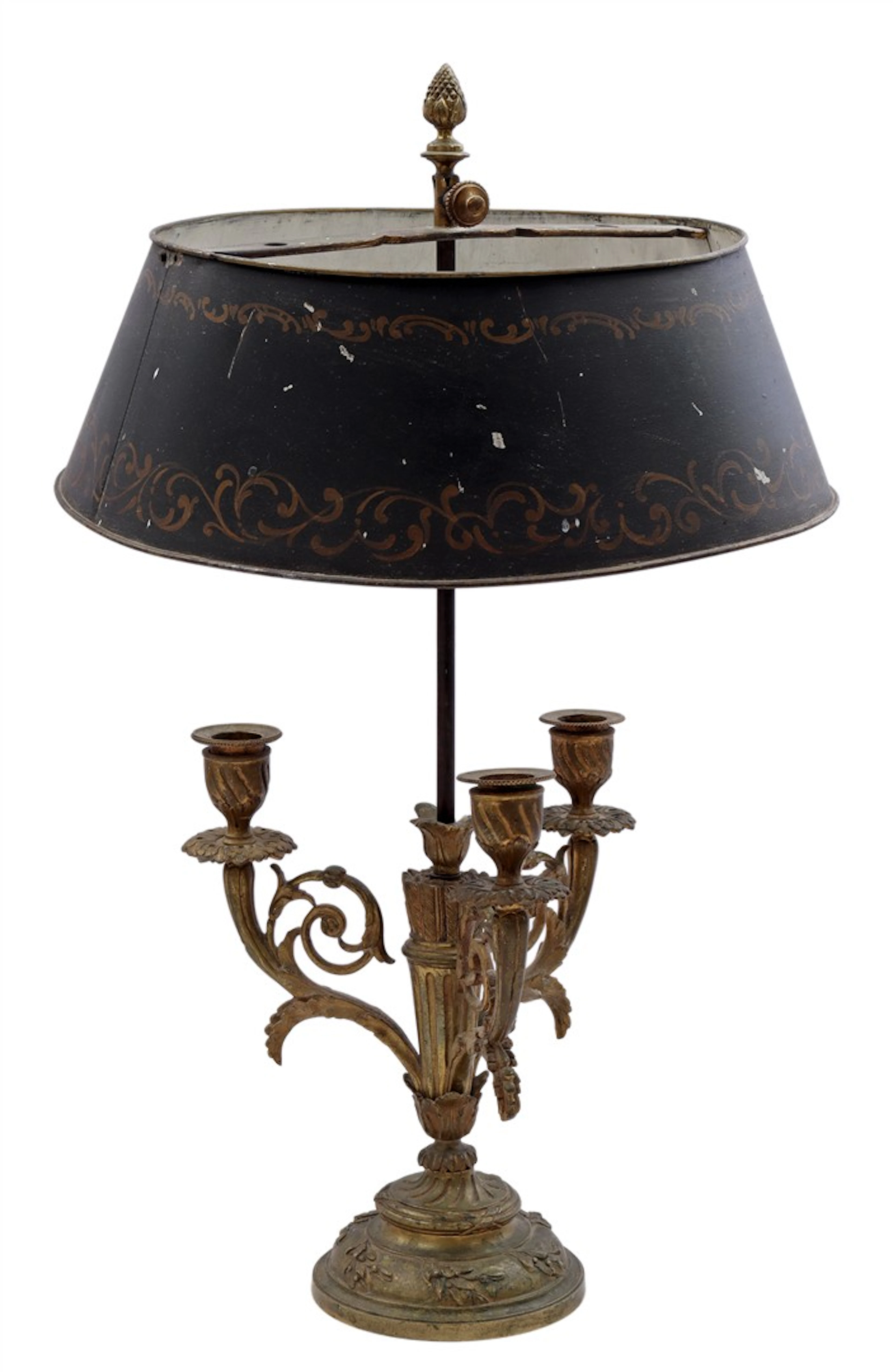 Bronzen bouillotte 3-lichts tafelschemerlamp met metalen beschilderde kap