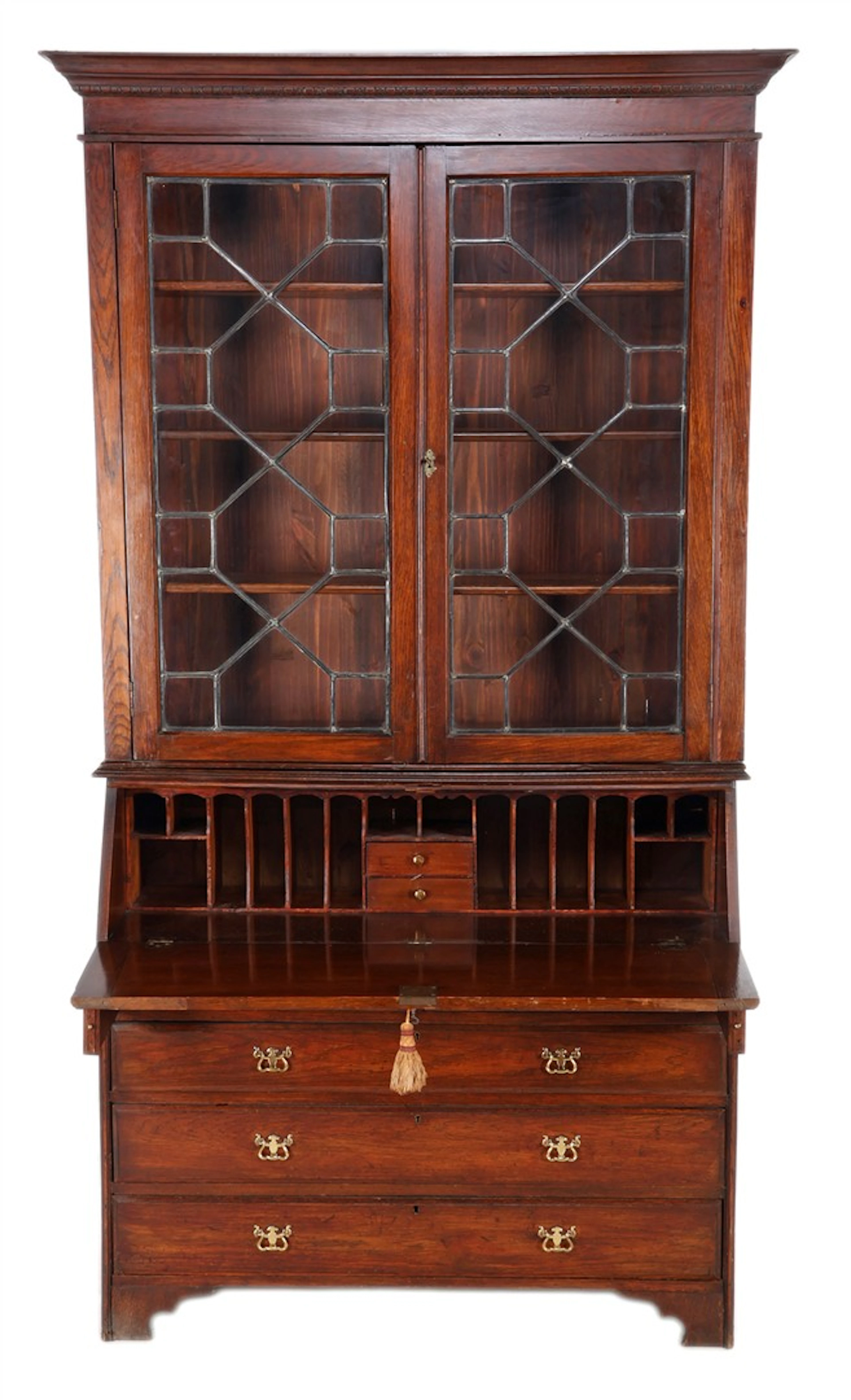Eiken klepbureau met vitrine opstand