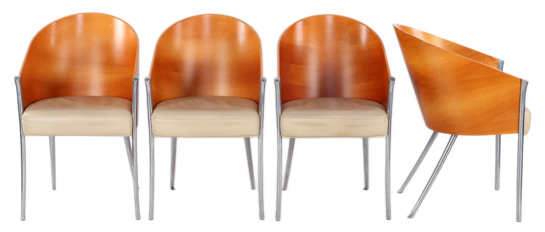 4 plywood eetkamerstoelen met lederen zitting op metalen frame