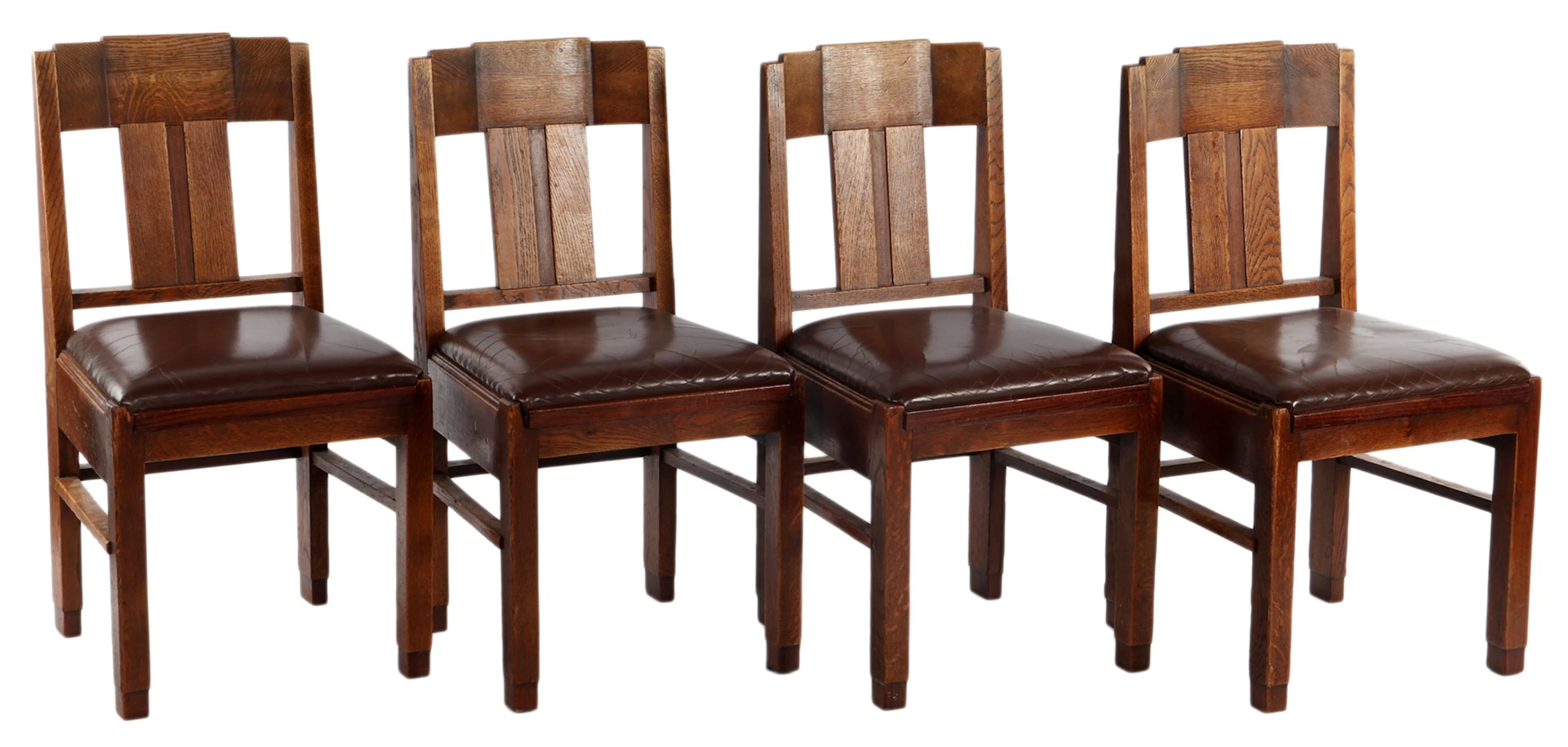 4 Art Deco eiken en iepen eetkamerstoelen met bruin leder gestoffeerde zitting