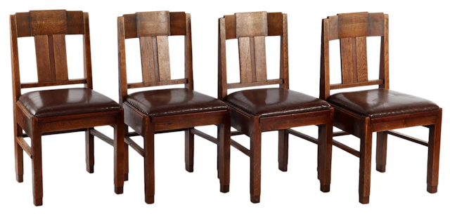 4 Art Deco eiken en iepen eetkamerstoelen met bruin leder gestoffeerde zitting