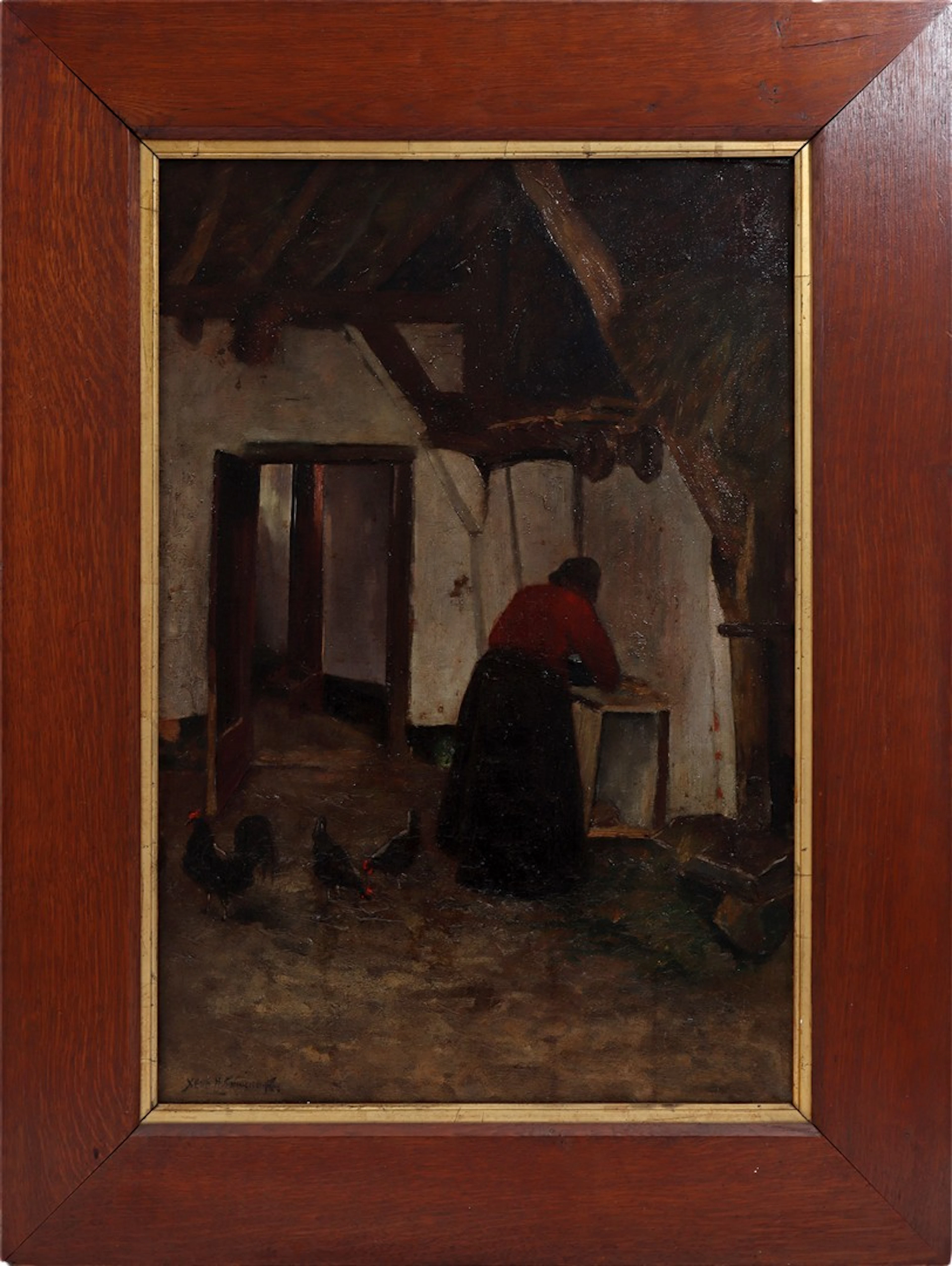 Stalinterieur met vrouw en kippen