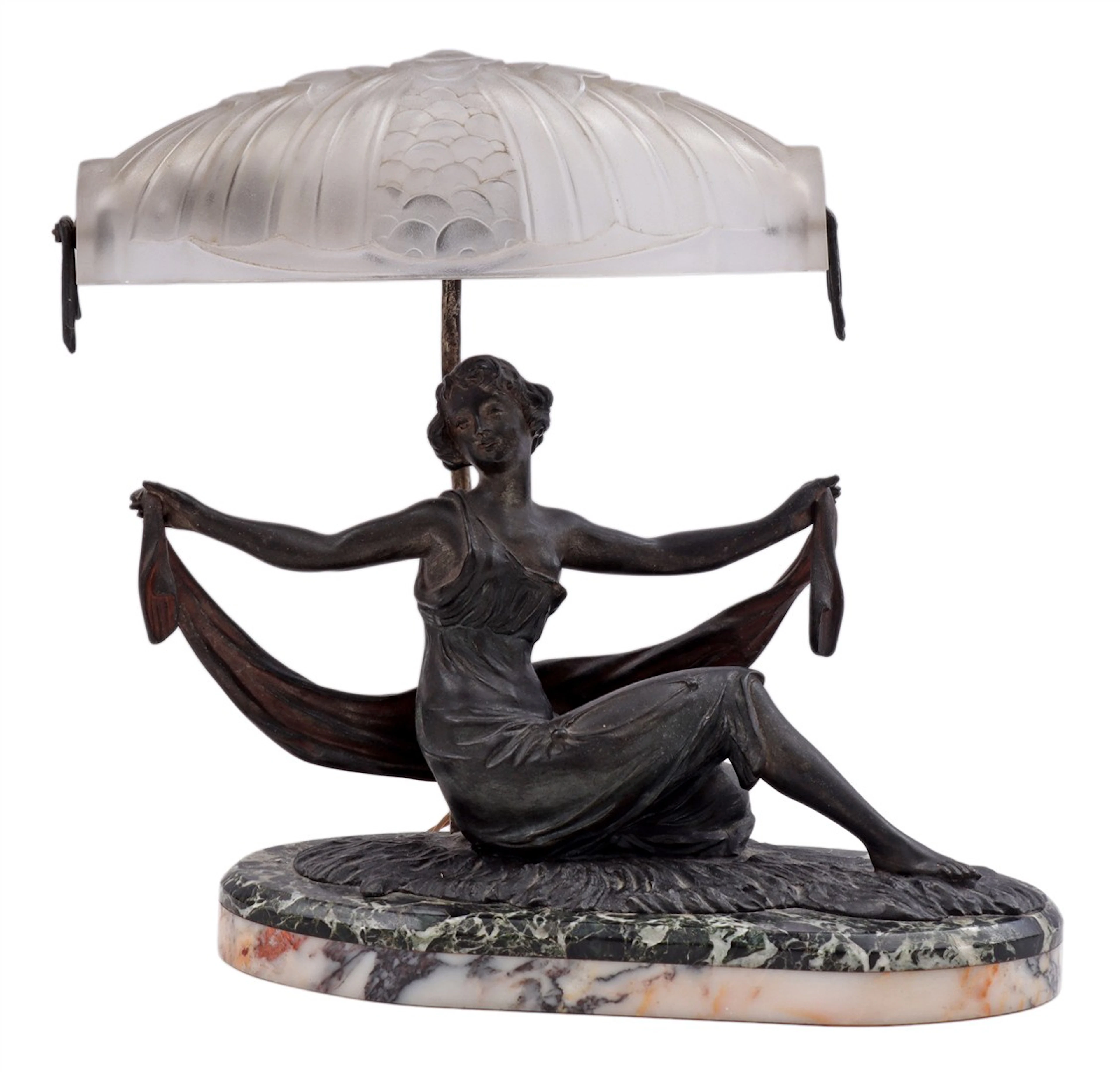 Art Deco bureaulamp in de vorm van een zittende vrouw met omslagdoek