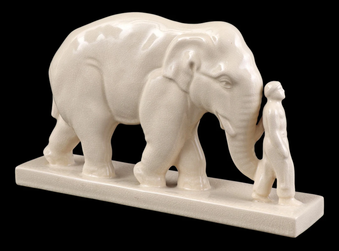 Art Deco-stijl aardewerken beeld in de vorm van man met olifant