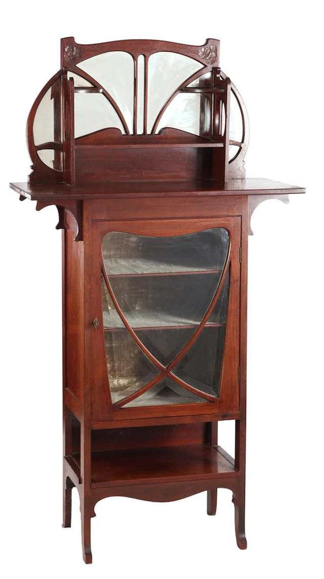 Jugendstil notenhouten op eiken 1-deurs vitrinekast met...
