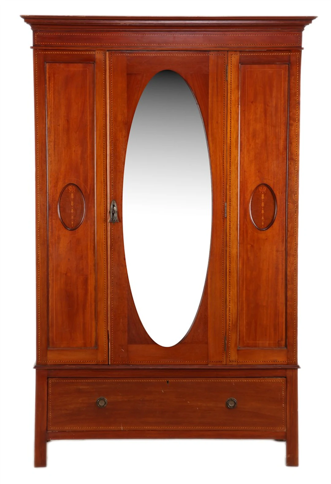 Notenfineer linnenkast met ovale spiegel en ingelegd decor