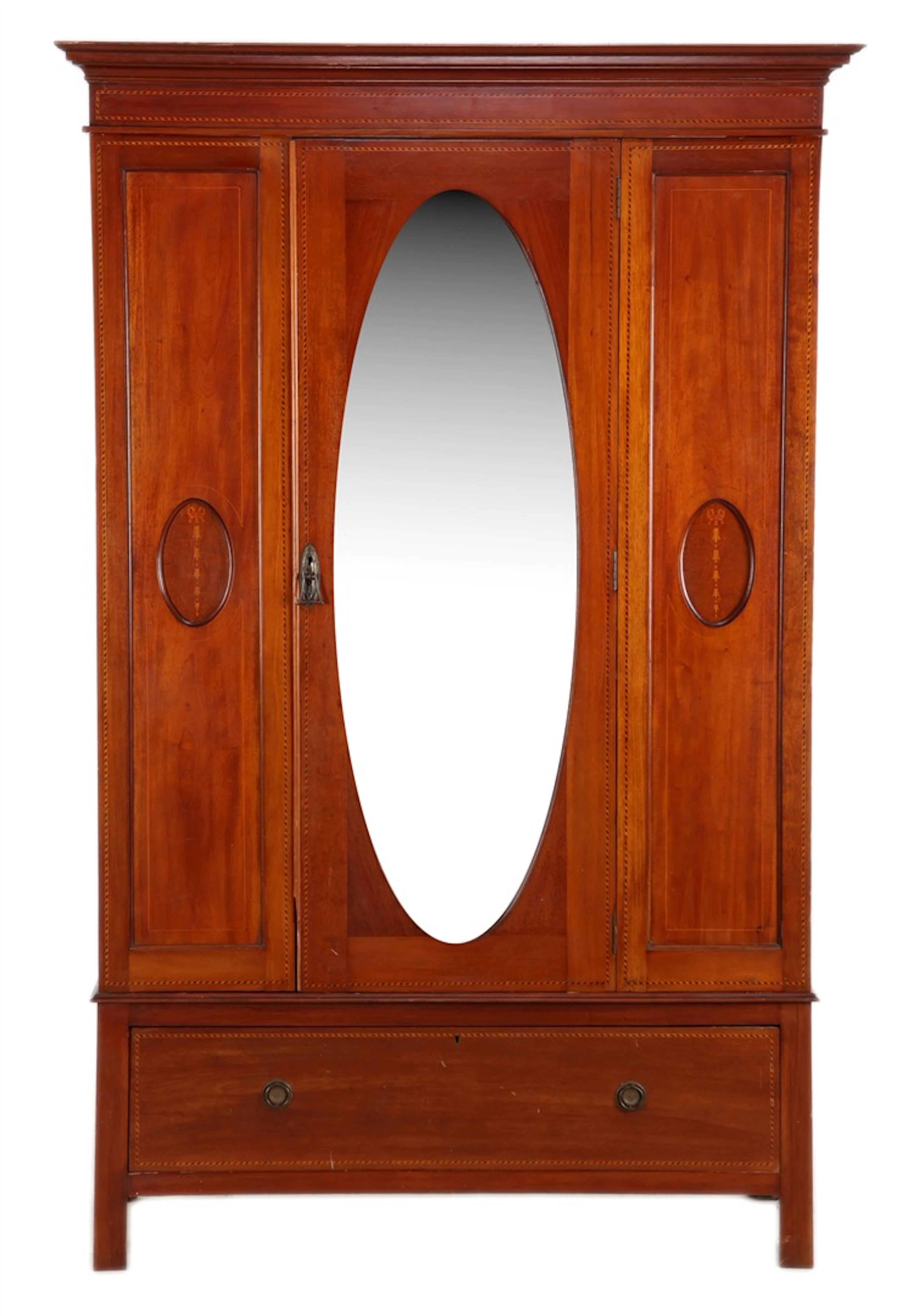 Notenfineer linnenkast met ovale spiegel en ingelegd decor