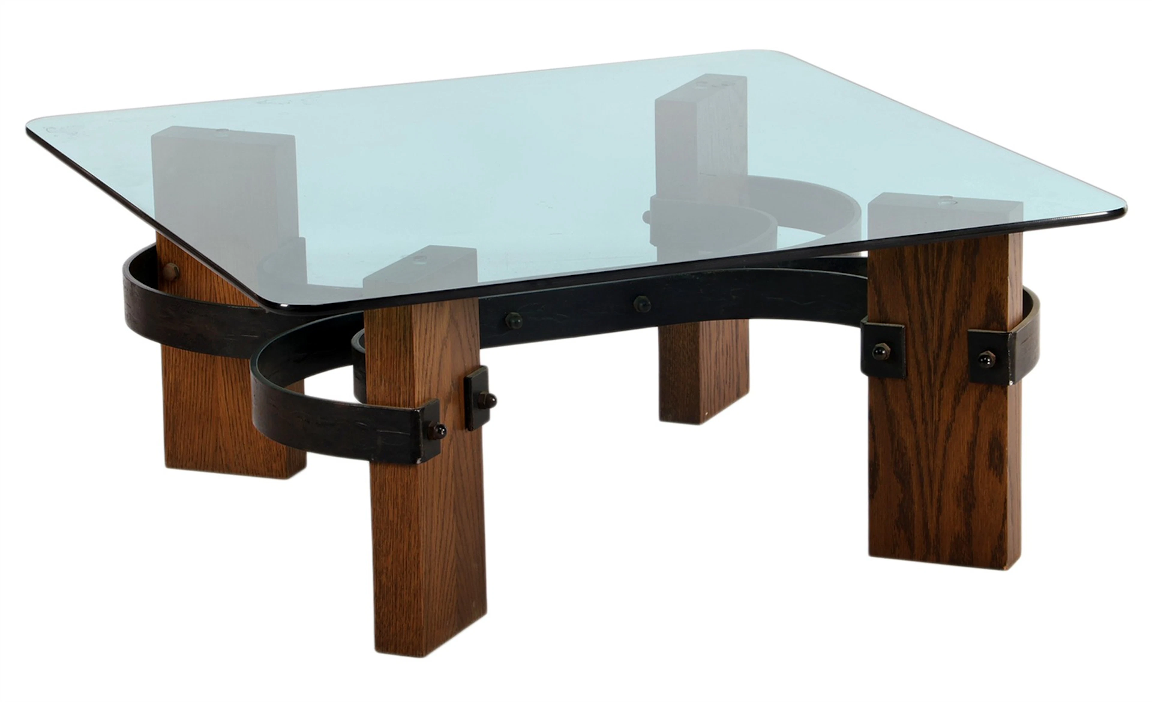 Burtalisme wengéhouten salontafel met vierkant glazen blad