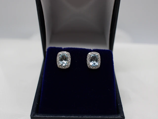 9K GOLD, AQUAMARINE & DIAMOND EAR STUDS.
