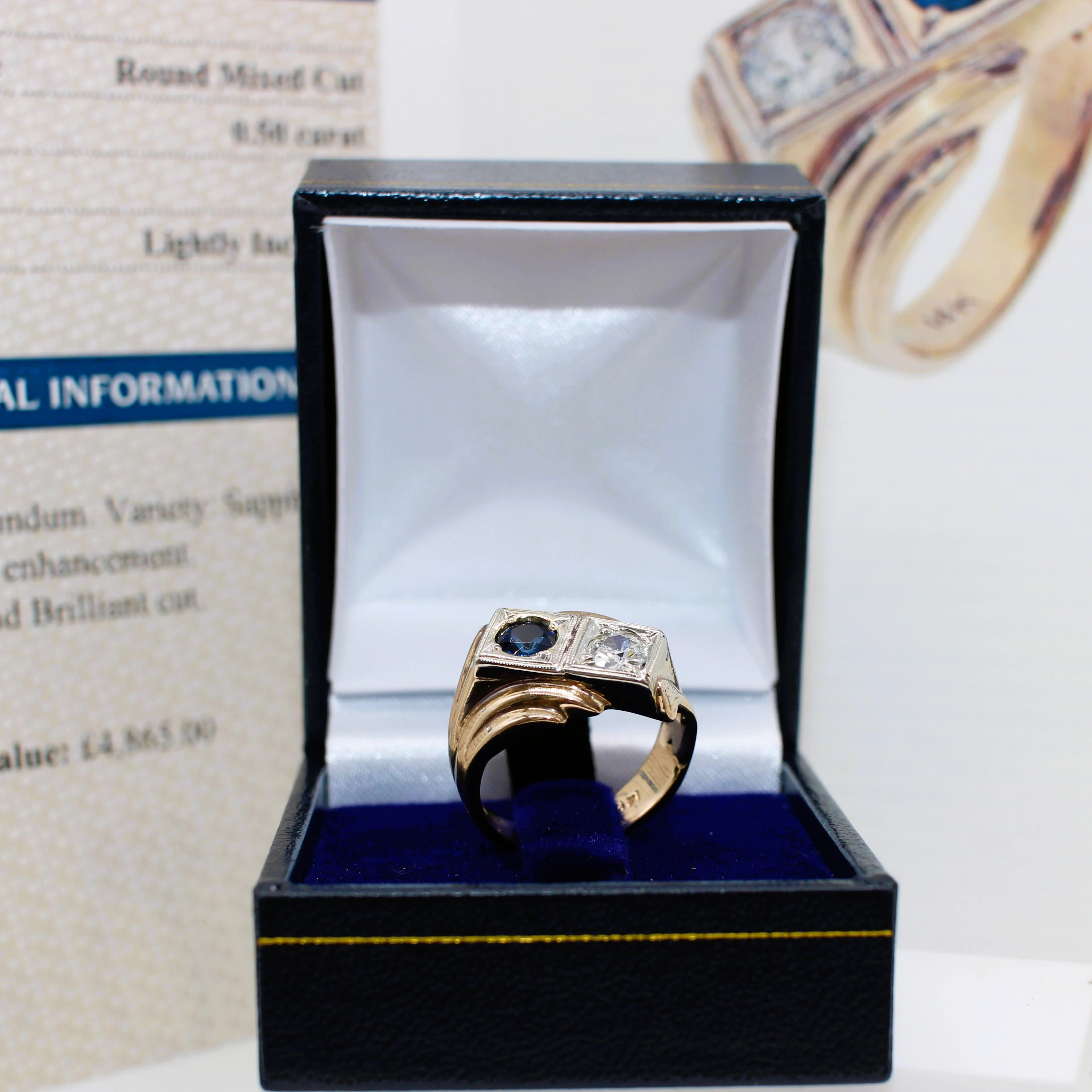 UNUSUAL CERTIFIED SAPPHIRE & DIAMOND RING.