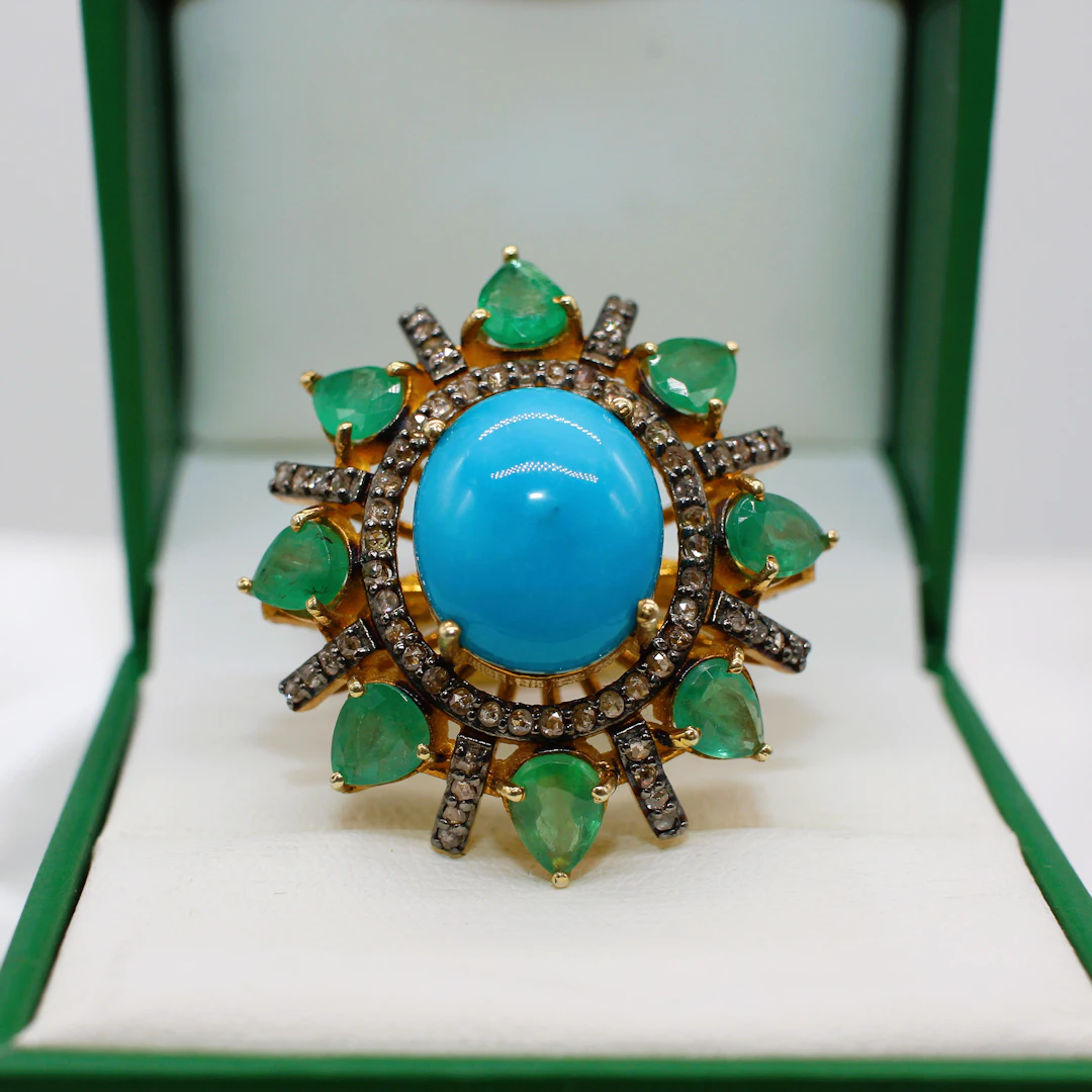 TURQUOISE, EMERALD & DIAMOND DRESS RING 9545.