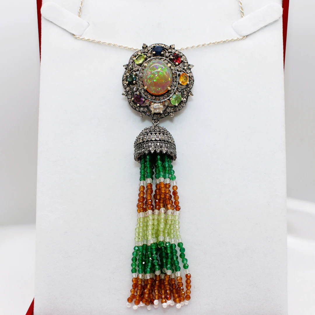OPAL, SAPPHIRE & DIAMOND CHANDELIER NECKLACE.