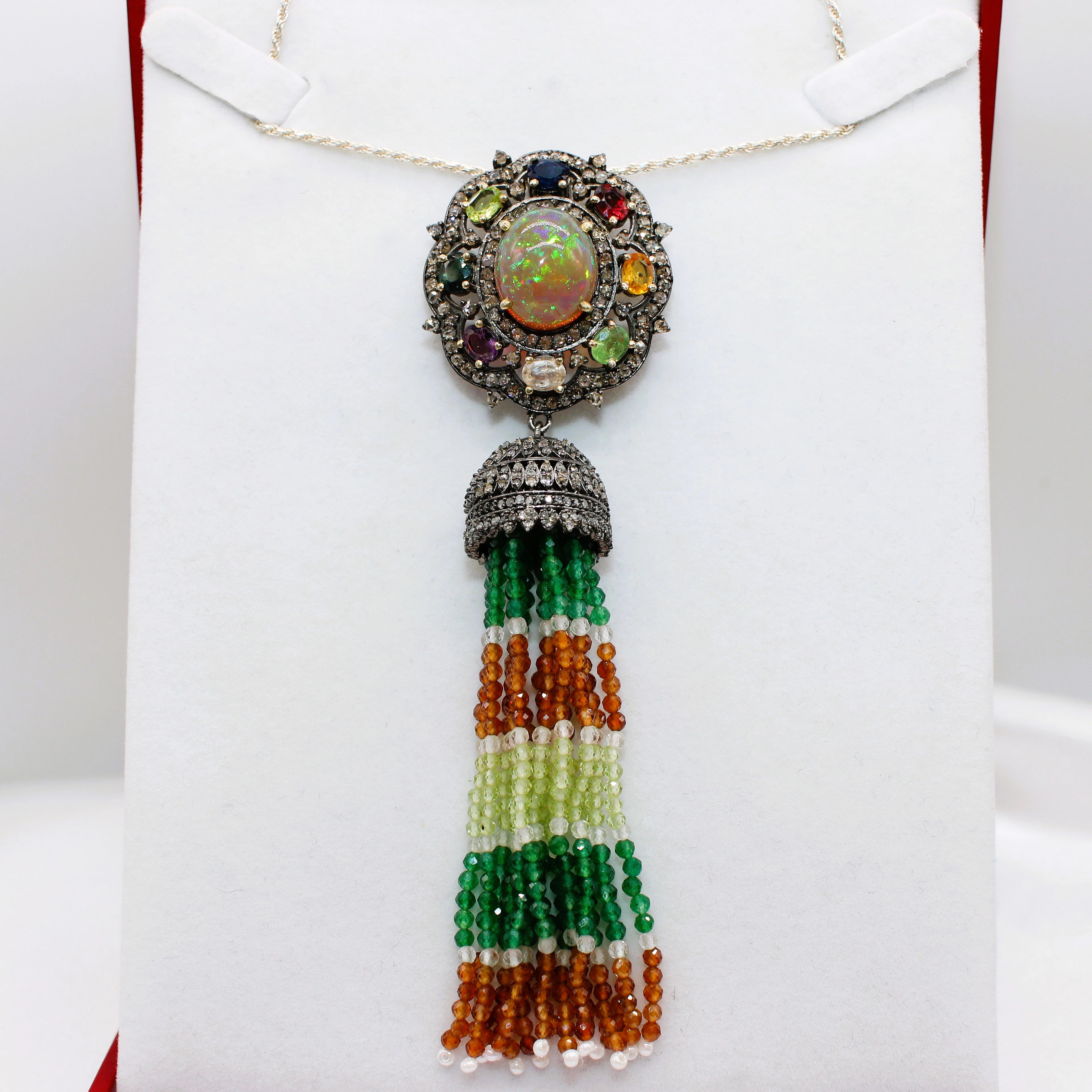 OPAL, SAPPHIRE & DIAMOND CHANDELIER NECKLACE.