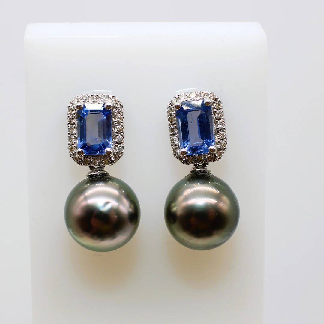PEARL, SAPPHIRE & DIAMOND DROP EARRINGS.