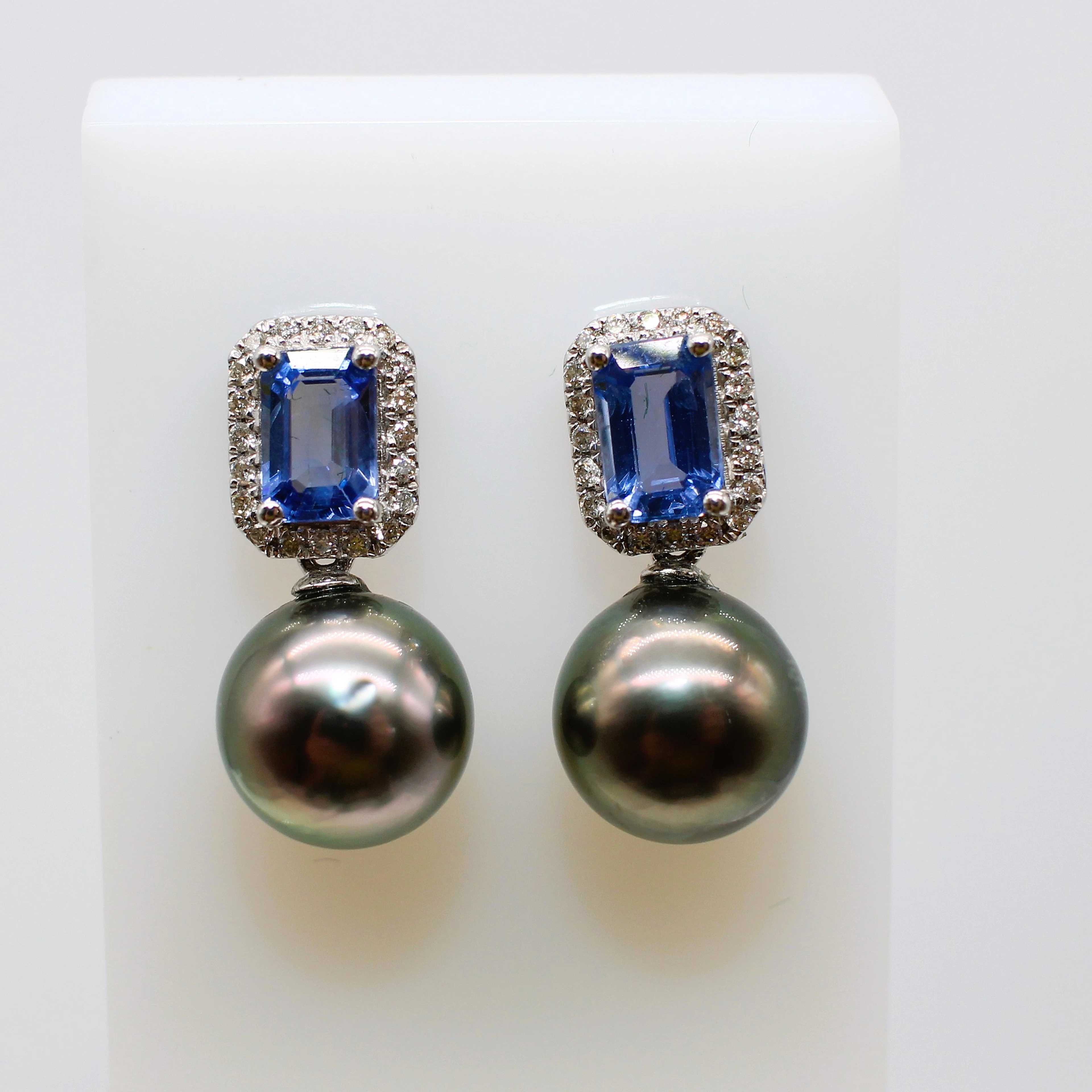 PEARL, SAPPHIRE & DIAMOND DROP EARRINGS.