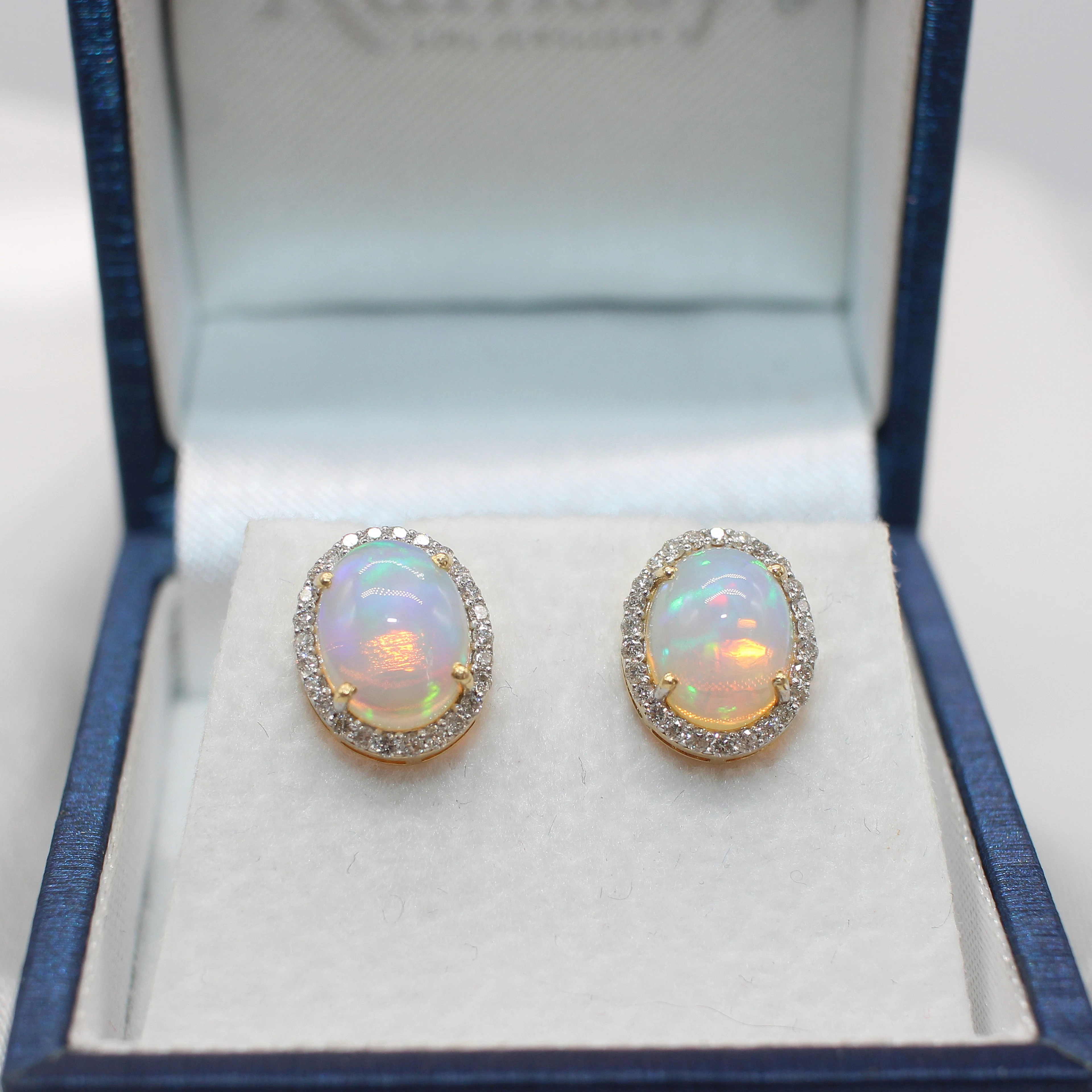 14K GOLD, CABOCHON OPAL & DIAMOND EAR STUDS.