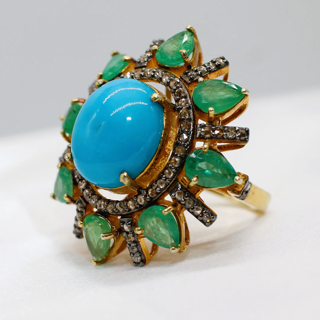 TURQUOISE, EMERALD & DIAMOND DRESS RING 9545.