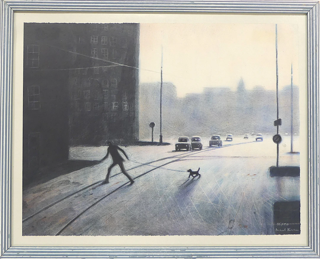 MIKAEL KIHLMAN. litografi, 55/190, "Man med hund", signerad.
