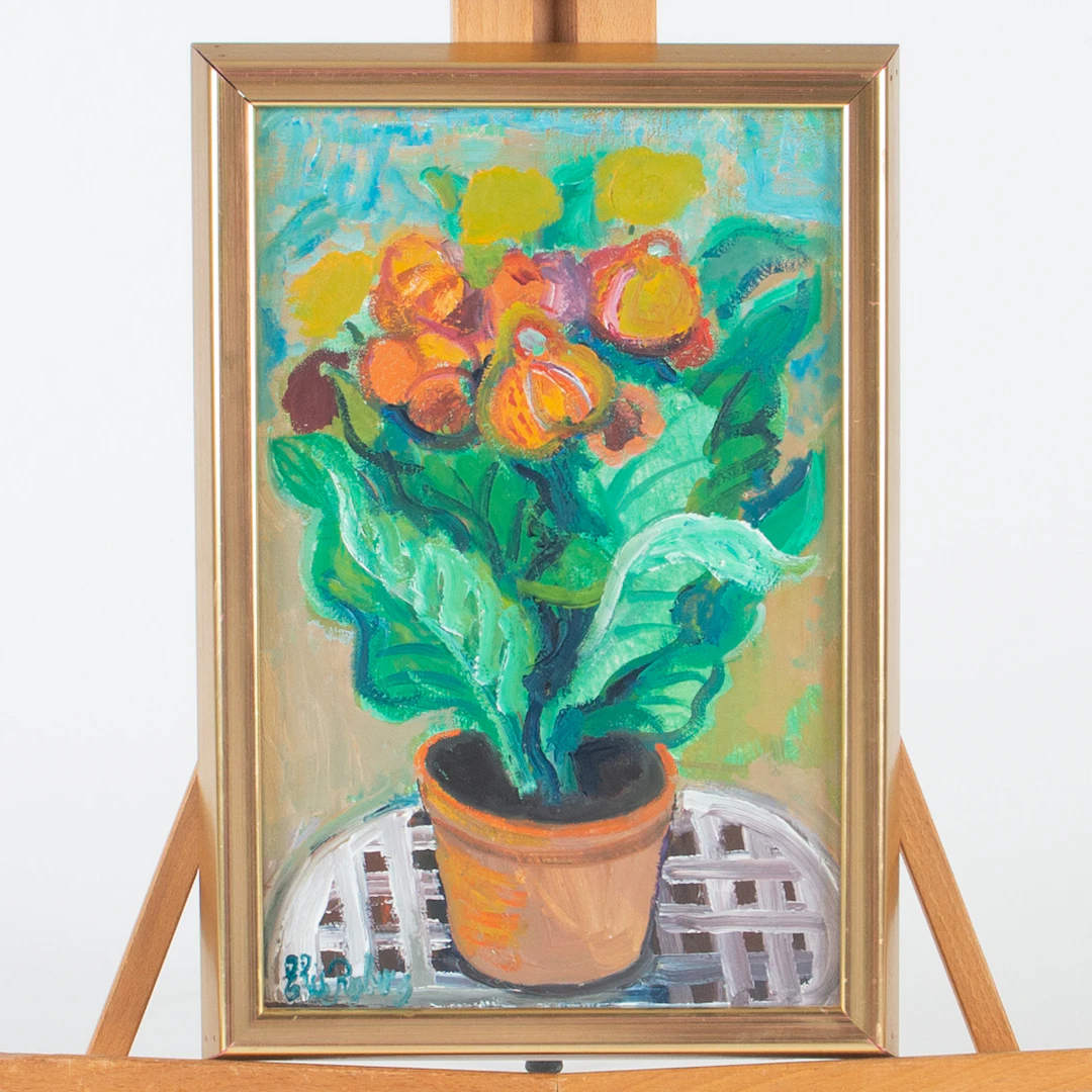 ELIS RYDBERG. Olja på pannå "Toffelblomma".