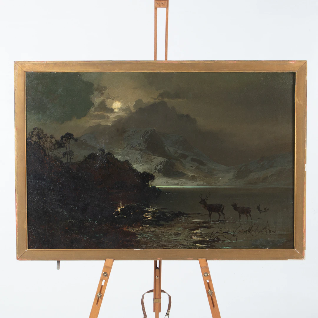 CLARENCE HENRY ROE. Olja på duk, renar i bergslandskap.