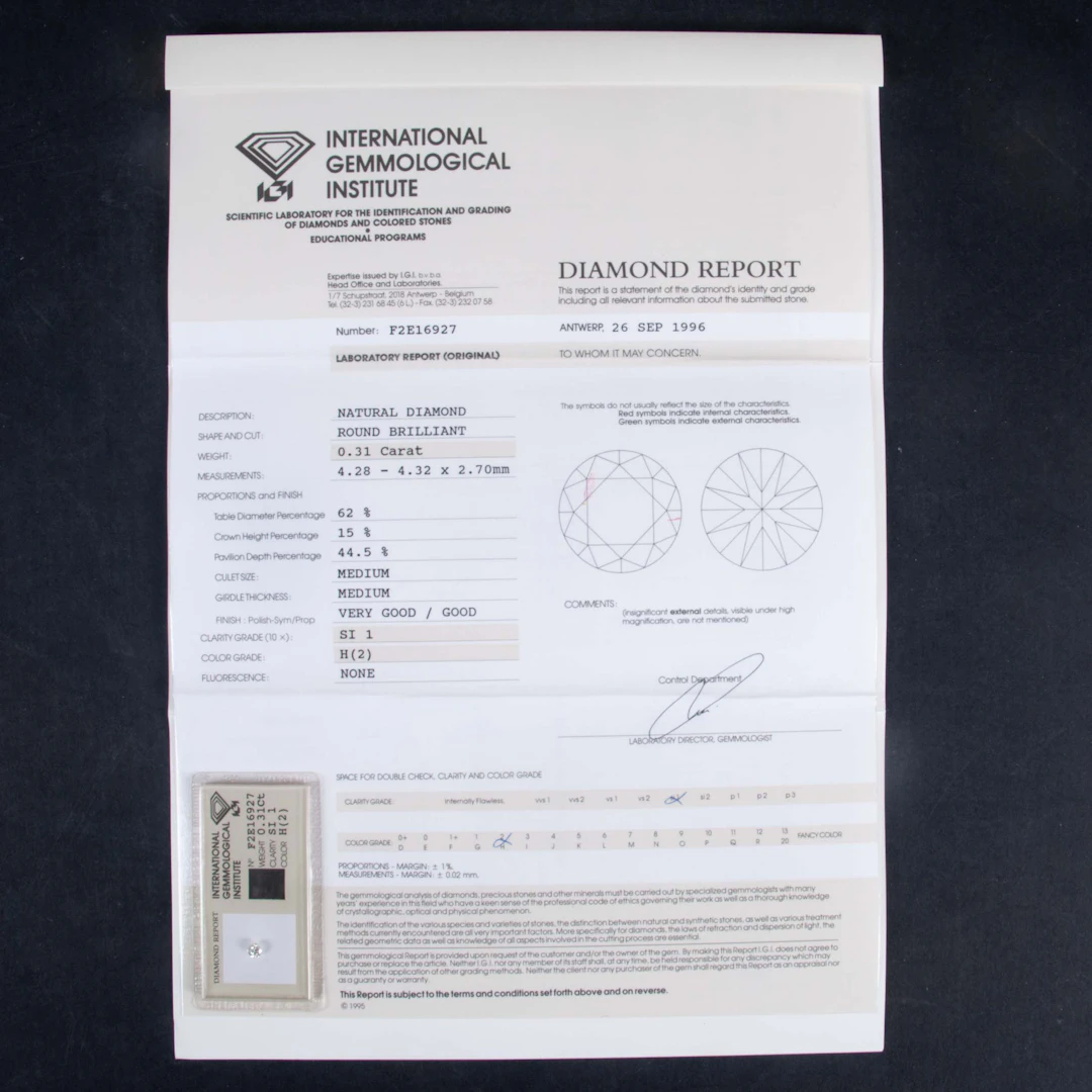 DIAMANT, 0,31 ct, rund briljantslipning, färg H (2), klarhet SI1 –