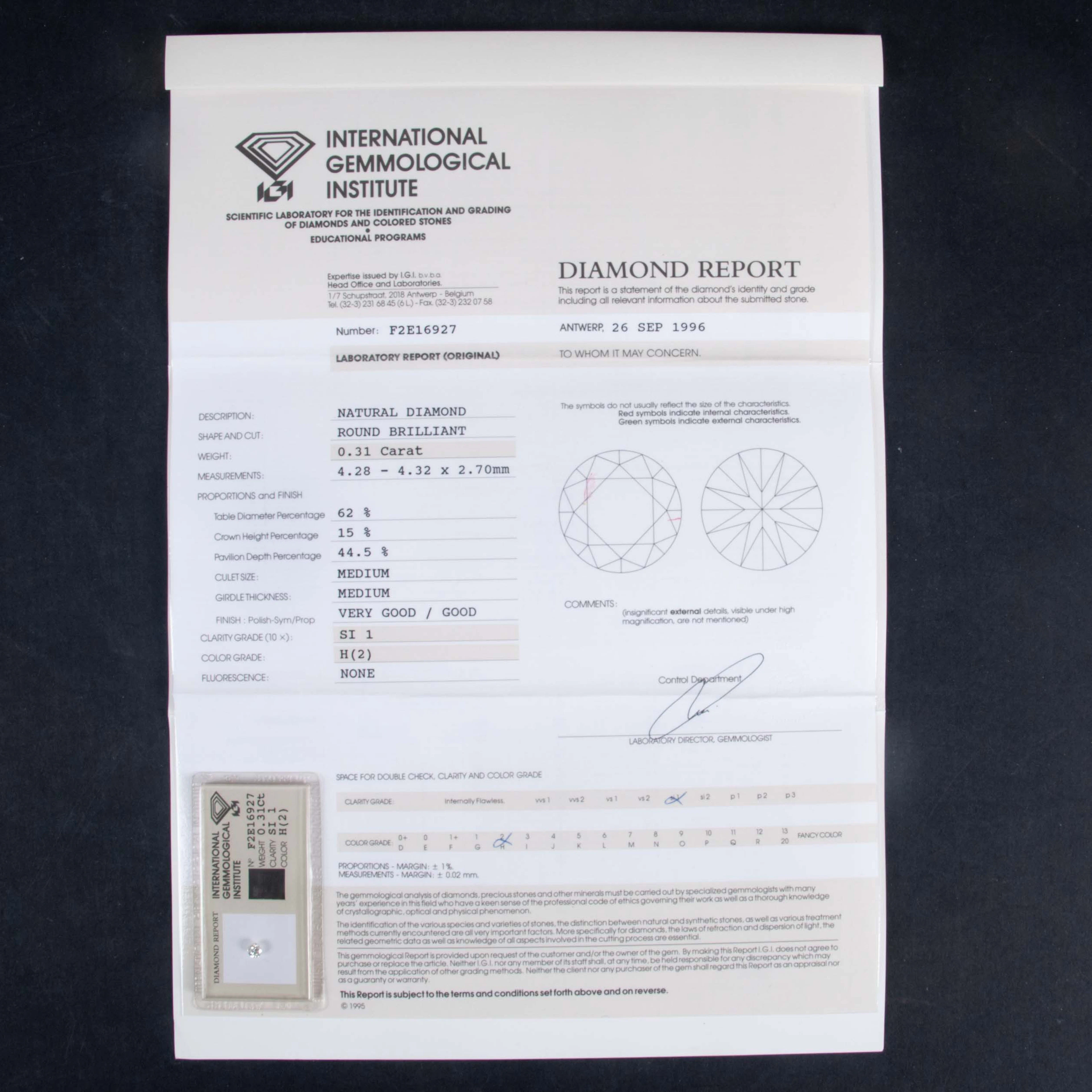 DIAMANT, 0,31 ct, rund briljantslipning, färg H (2), klarhet SI1 –