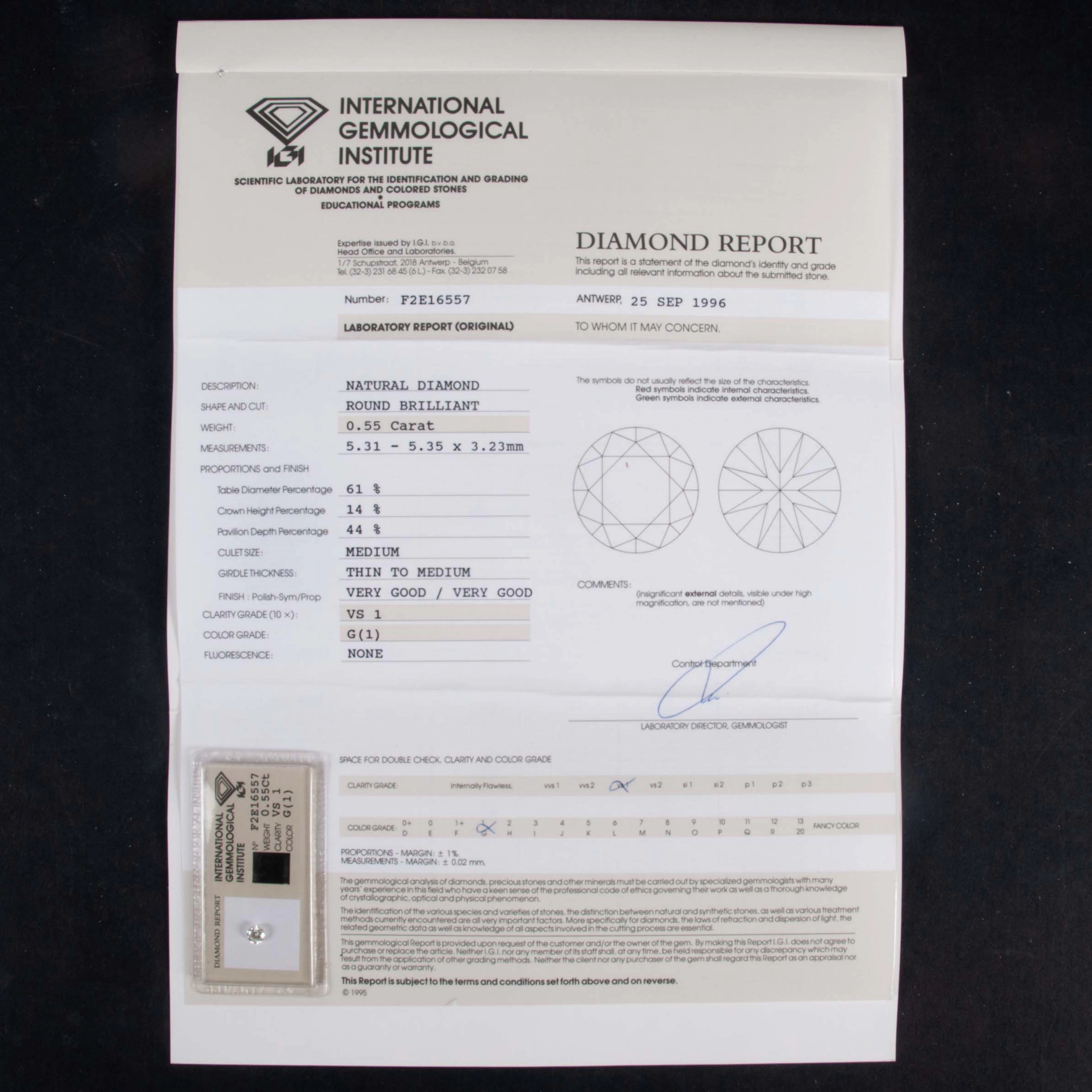 DIAMANT, 0,55 ct, rund briljantslipning, färg G (1), klarhet VS1 –