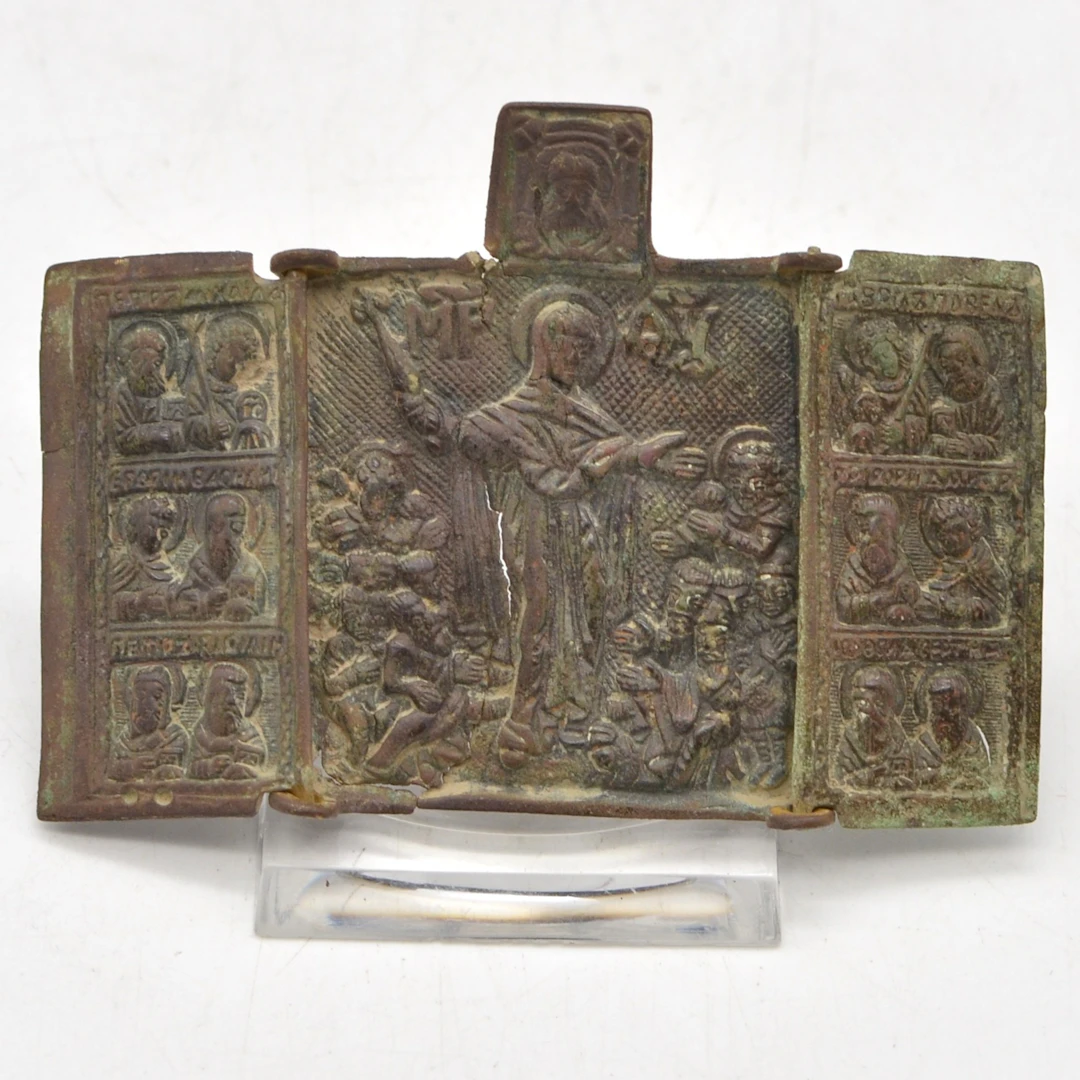 ANTIKER TRIPTYCHON, „GOTTESMUTTER FREUDE ALLER LEIDENDEN“, BRONZE