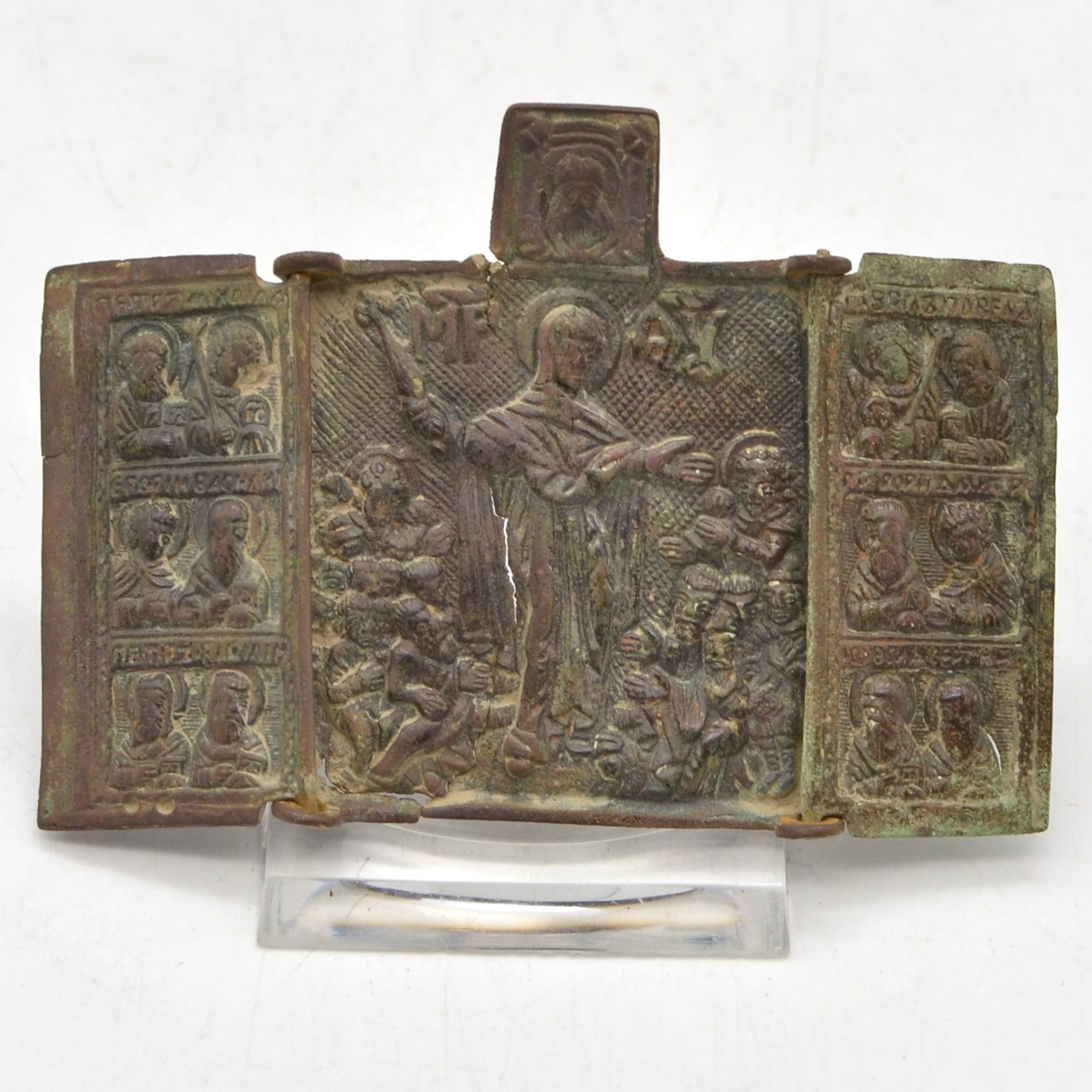 ANTIKER TRIPTYCHON, „GOTTESMUTTER FREUDE ALLER LEIDENDEN“, BRONZE