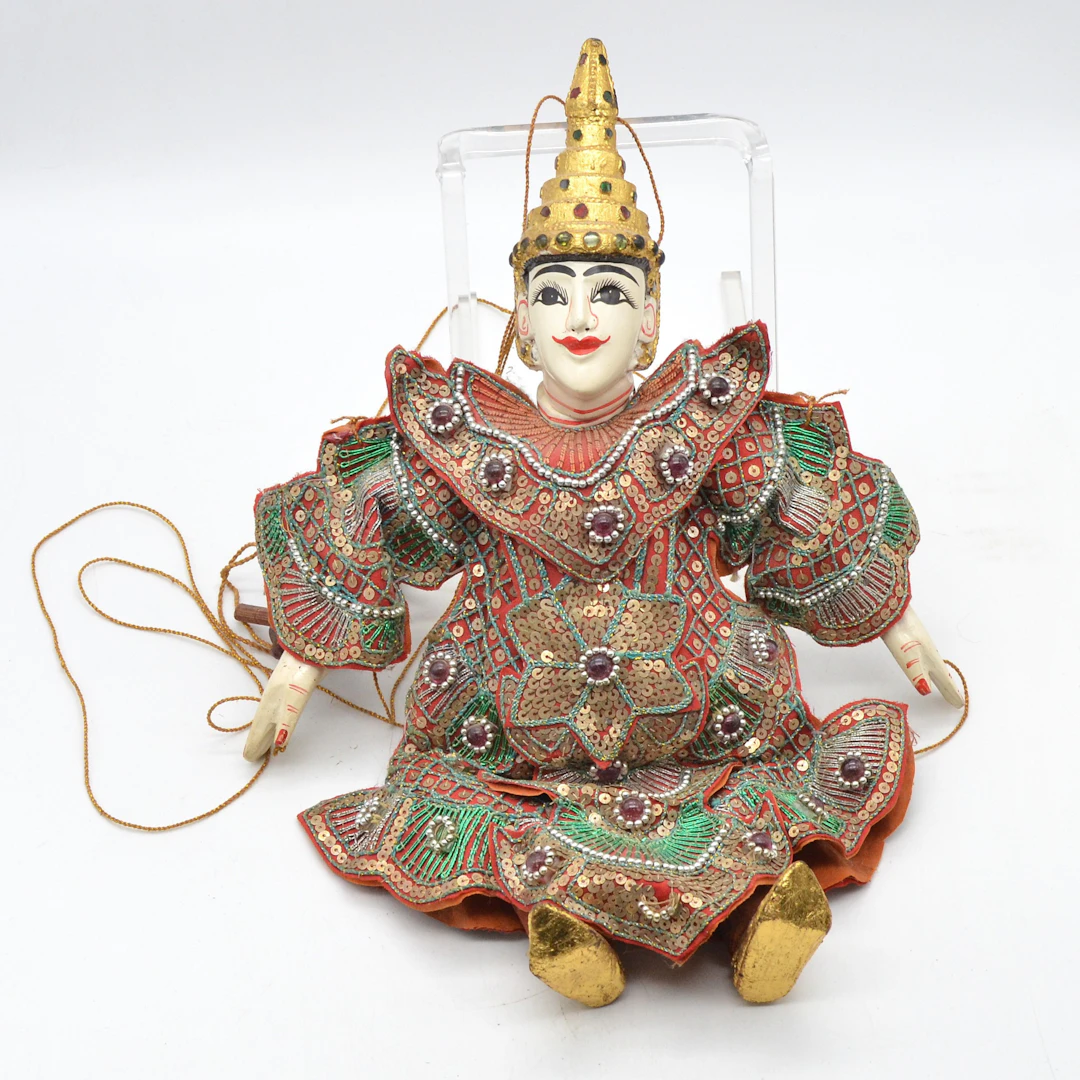 BURMESISCHE MARIONETTE AUS HOLZ , "ROTE KLEIDUNG", HANDGEMACHT, MYANMAR