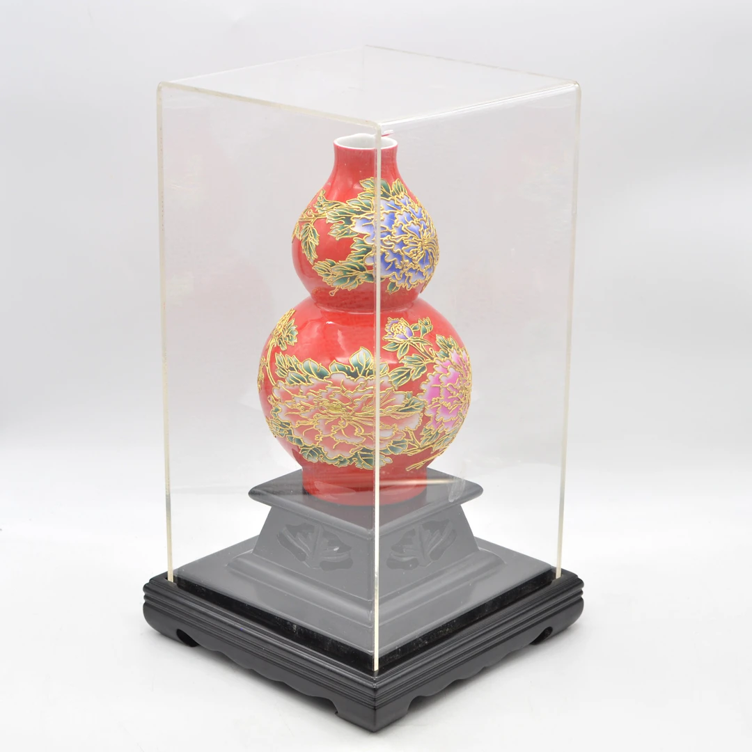 CHINESISCHE DOPPELKÜRBIS-VASE, PFINGSTROSEN, PORZELLAN AUF HOLZBASIS