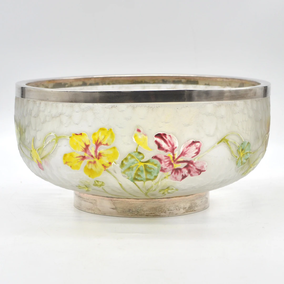 LEGRAS & CIE, JUGENSDSTIL SCHÜSSEL MIT BLUMENDEKOR, EISGLAS, EMAILLE