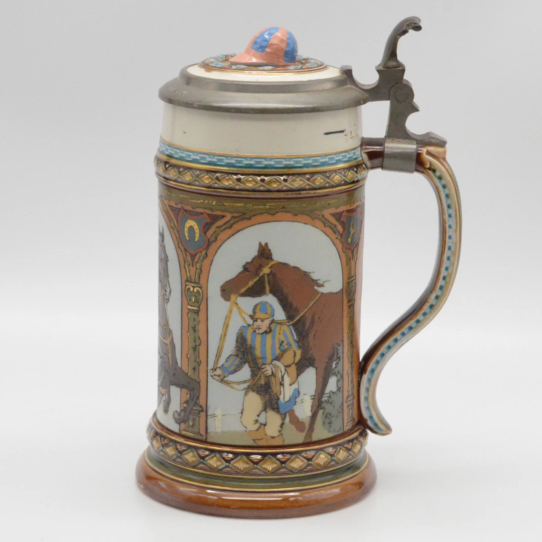 VILLEROY & BOCH METTLACH, KERAMIKKRUG; ZINNDECKEL MIT WIDMUNG AUS