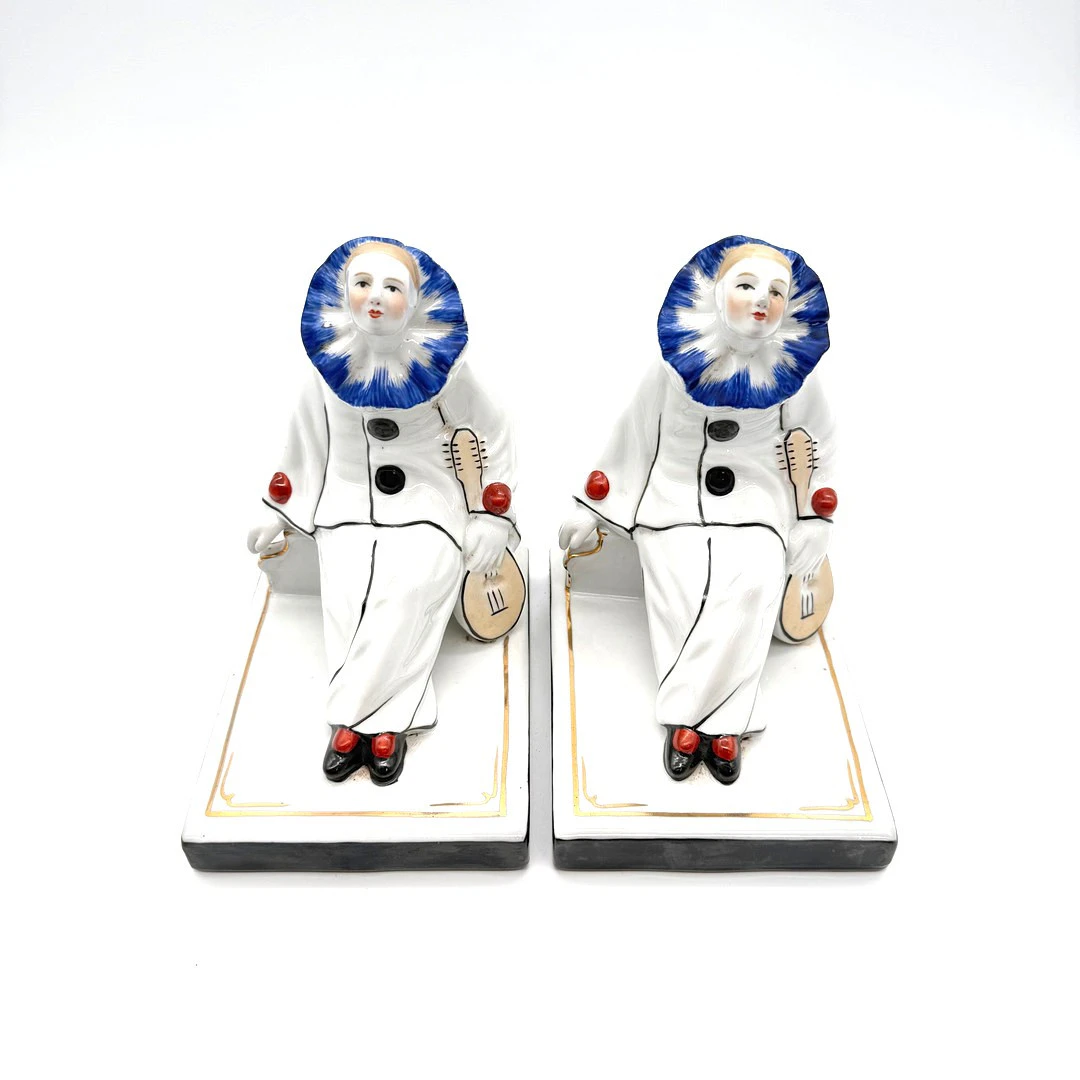 DRESSEL UND KISTER ART DECO BUCHSTÜTZEN PIERROT AUS PORZELLANFIGUREN