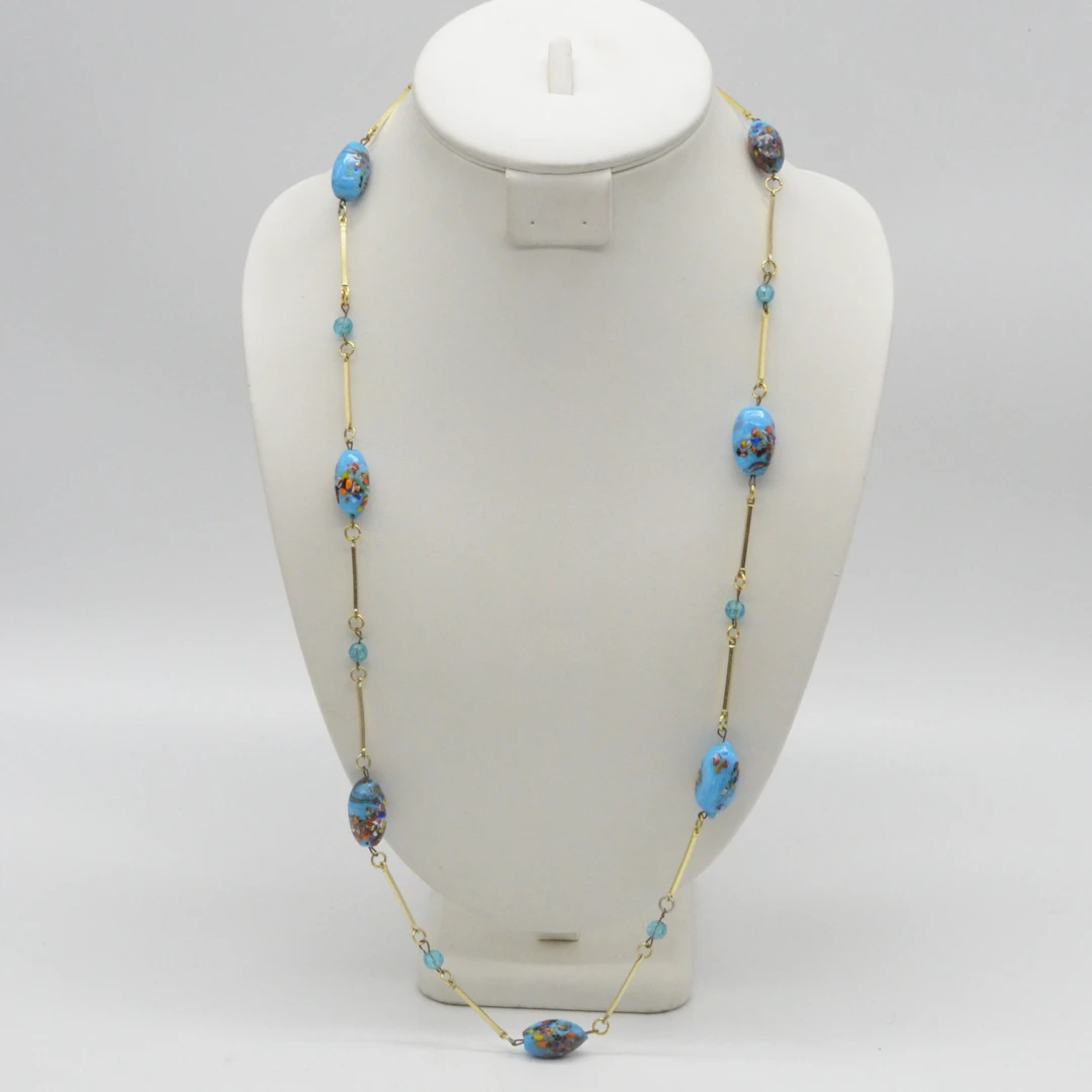 GLIEDERCOLLIER MIT MURANO GLASPERLEN, HANDGEMACHT, VERGOLDET, SCHRAUBVERSCHLUSS