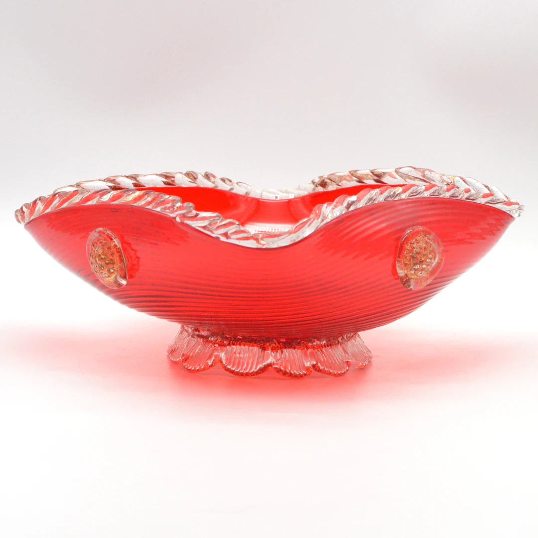 ARCHIMEDE SEGUSO. MURANO GLAS SCHALE, GRANATAPFEL-FORM, ROT UND TRANSPARENT