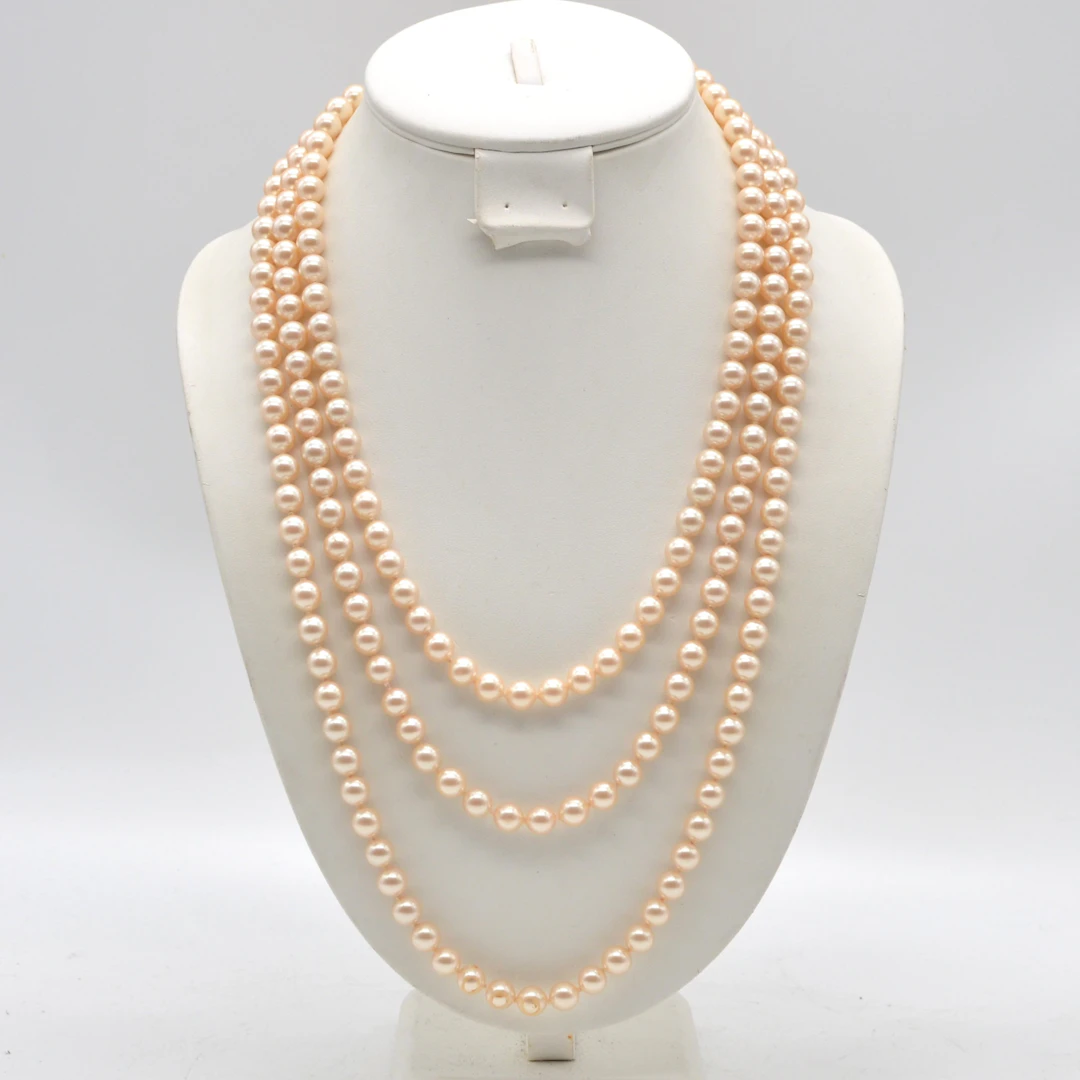 LANGES PERLENCOLLIER, EINZELN GEKNÜPFT, ENDLOSKETTE, GOLDENE FARBE