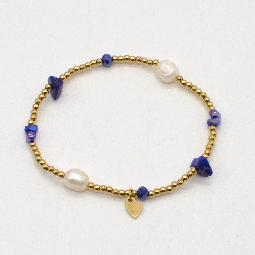 SWEET7, FLEXARMBAND MIT LAPISLAZULI UND ZUCHTPERLEN, VERGOLDETE TRENNPERLEN