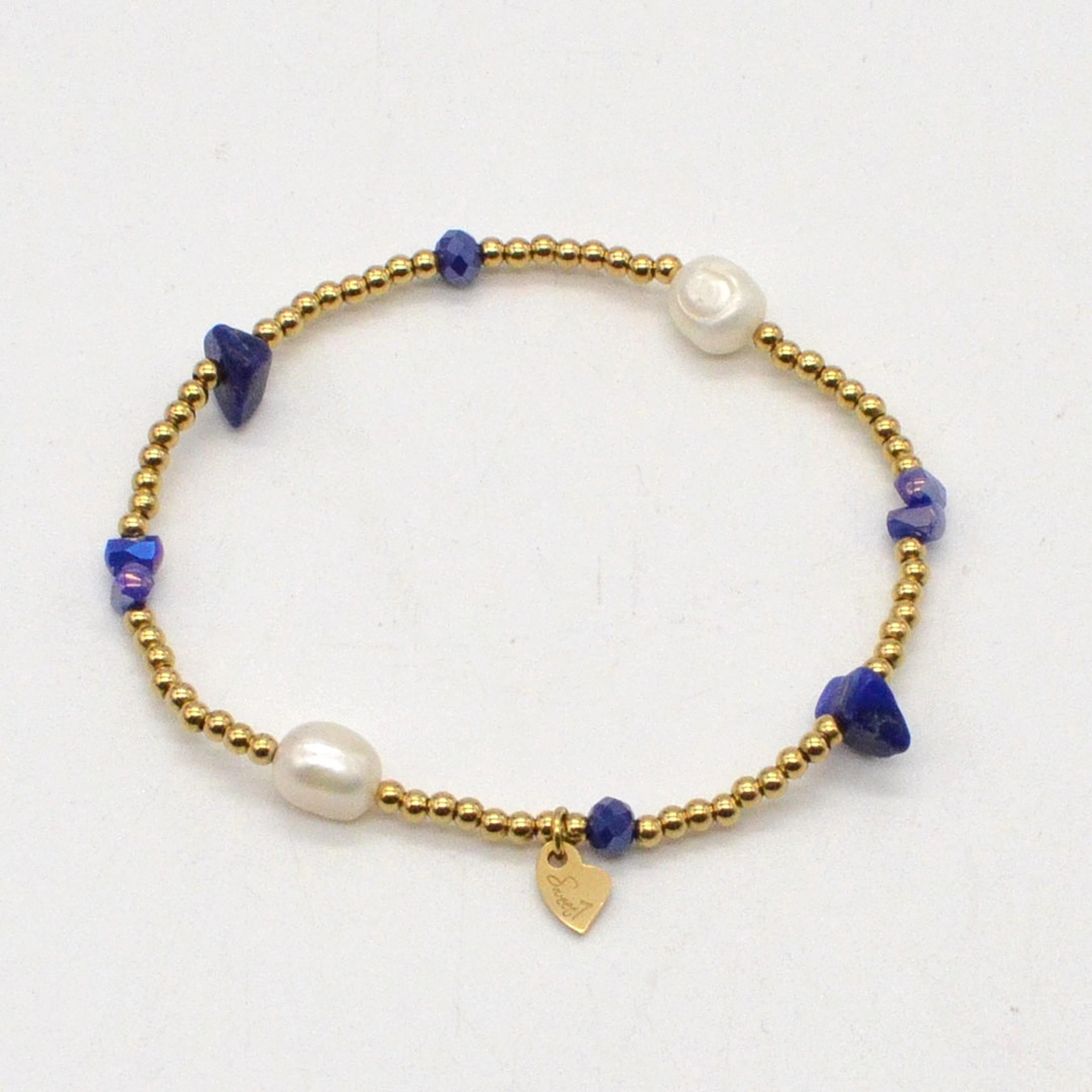 SWEET7, FLEXARMBAND MIT LAPISLAZULI UND ZUCHTPERLEN, VERGOLDETE TRENNPERLEN