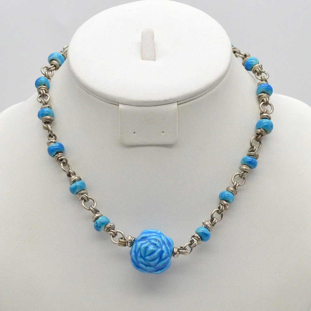 ASIATISCHES COLLIER MIT PORZELLANELEMENTEN, NEUSILBER, HANDGEMACHT, VINTAGE.