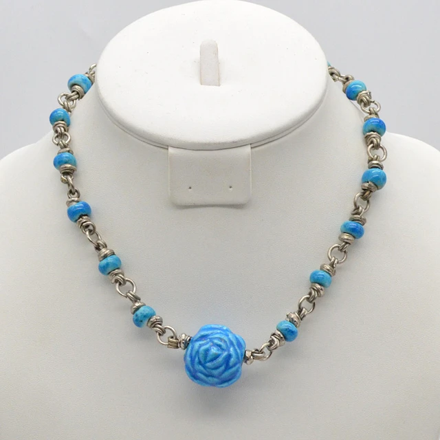 ASIATISCHES COLLIER MIT PORZELLANELEMENTEN, NEUSILBER, HANDGEMACHT, VINTAGE.