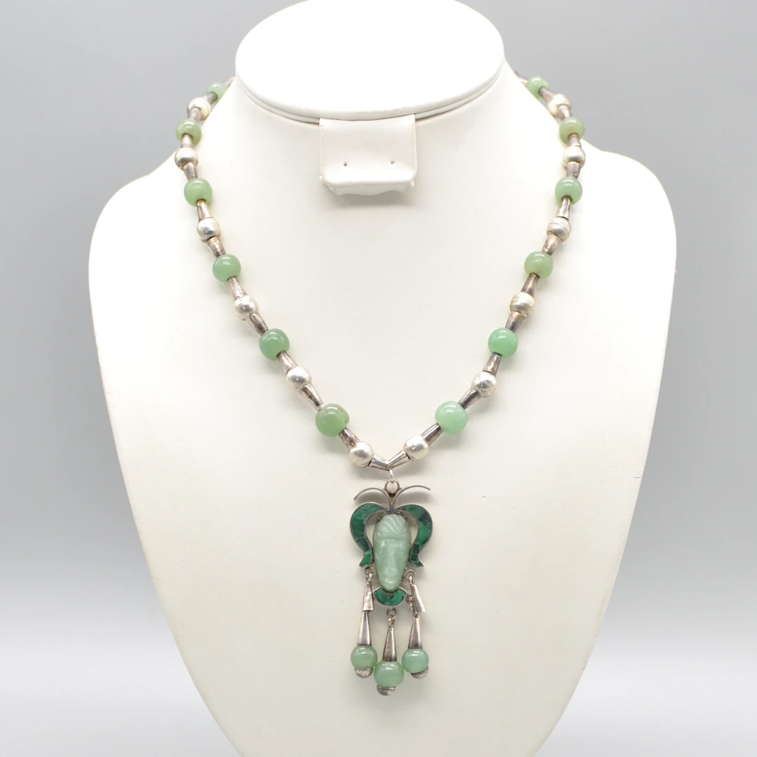 DESIGNERCOLLIER MIT JADE, MALACHIT UND STERLINGSILBER, TAXCO MEXICO