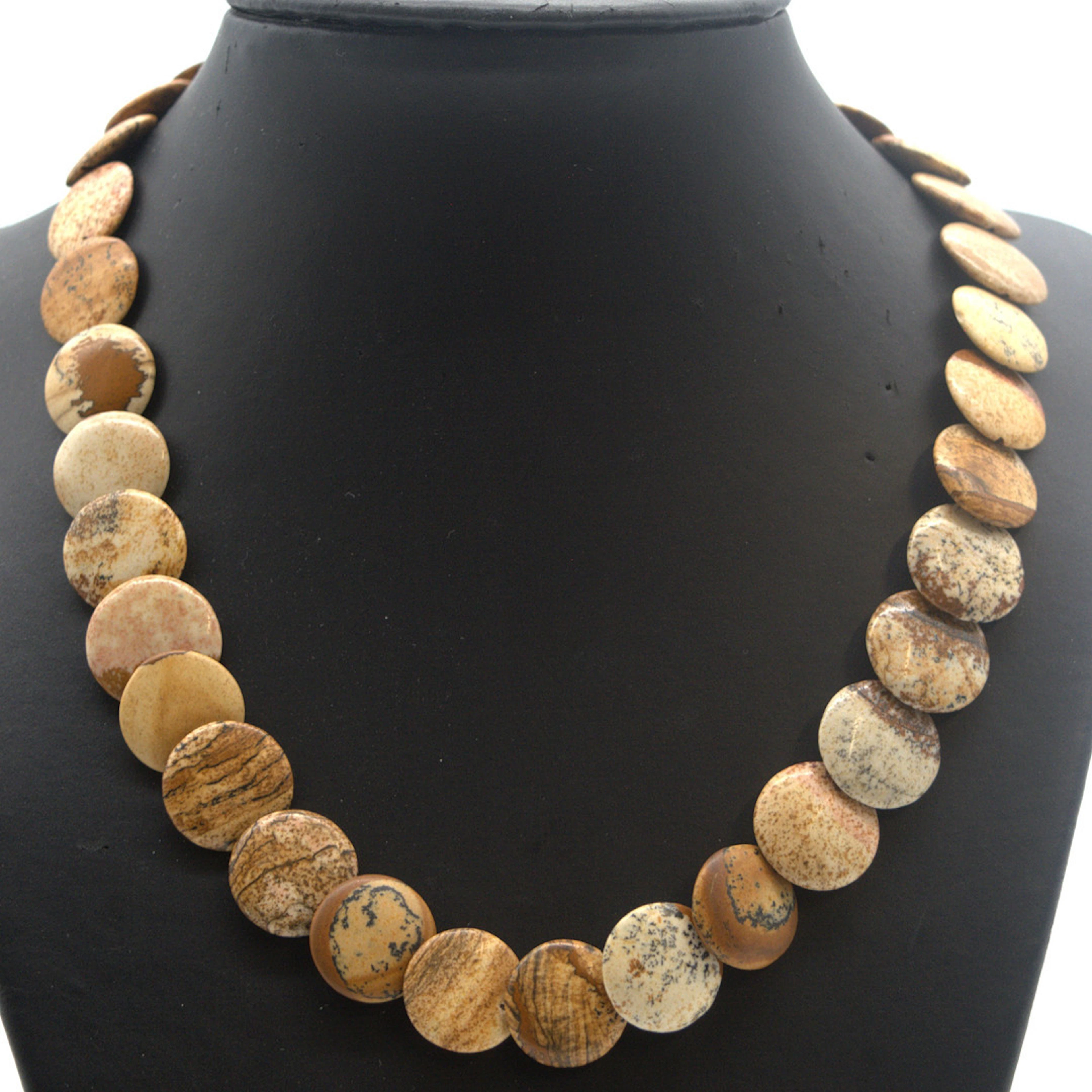 PERLENCOLLIER AUS LANDSCHAFTSJASPIS, FLACHE RUNDE PERLEN, STERLING