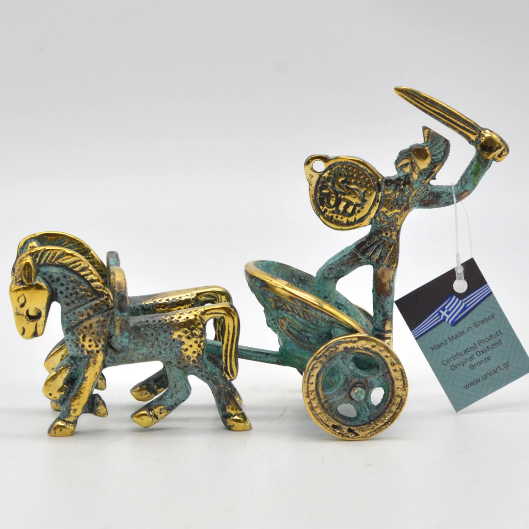 UNIART BY KATRITSIS, "KRIEGER AUF STREITWAGEN", BRONZESKULPTUR, VERGOLDET